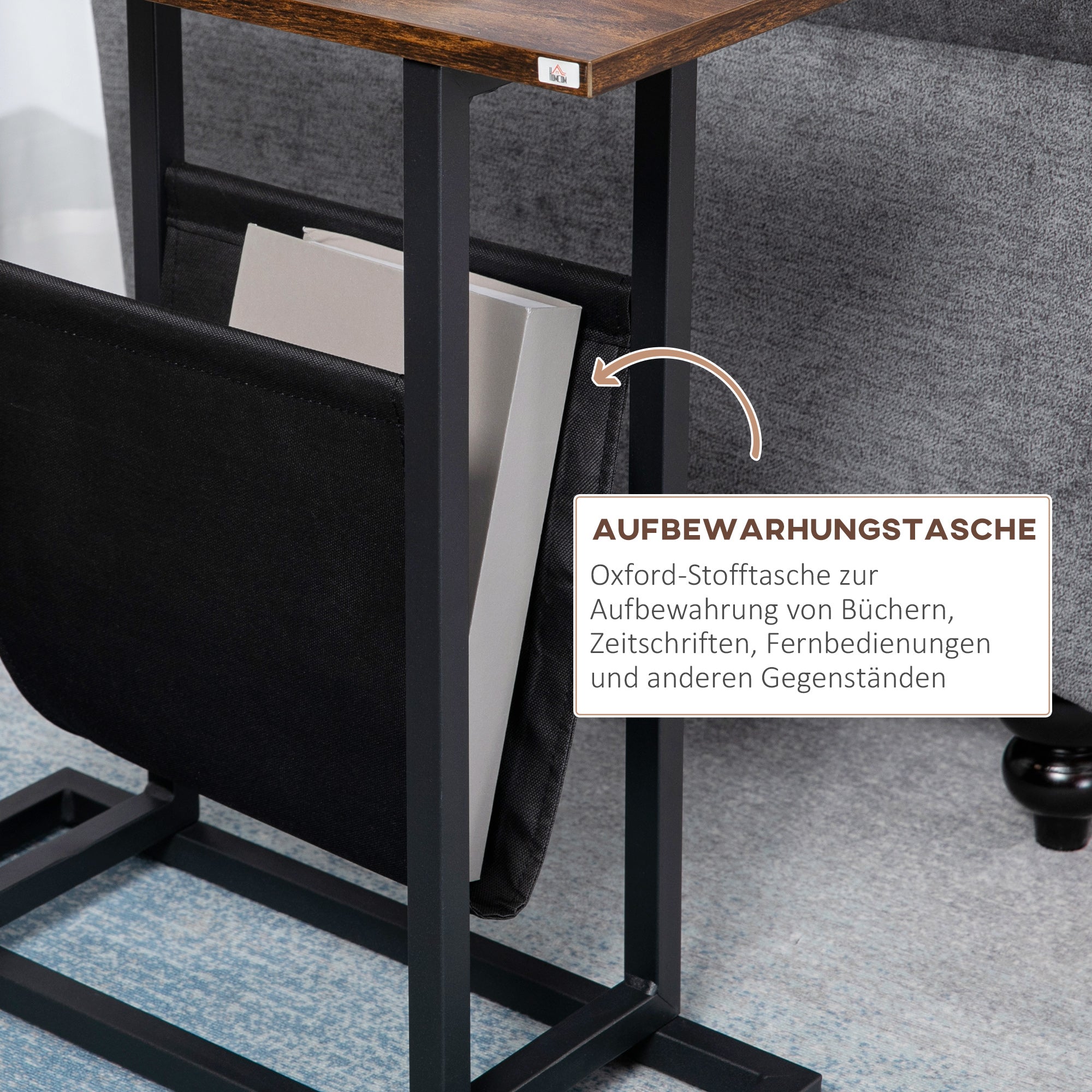 Side Table Coffee Table Nightstand, Fabric Bag Steel Frame, Dark Brown and Black