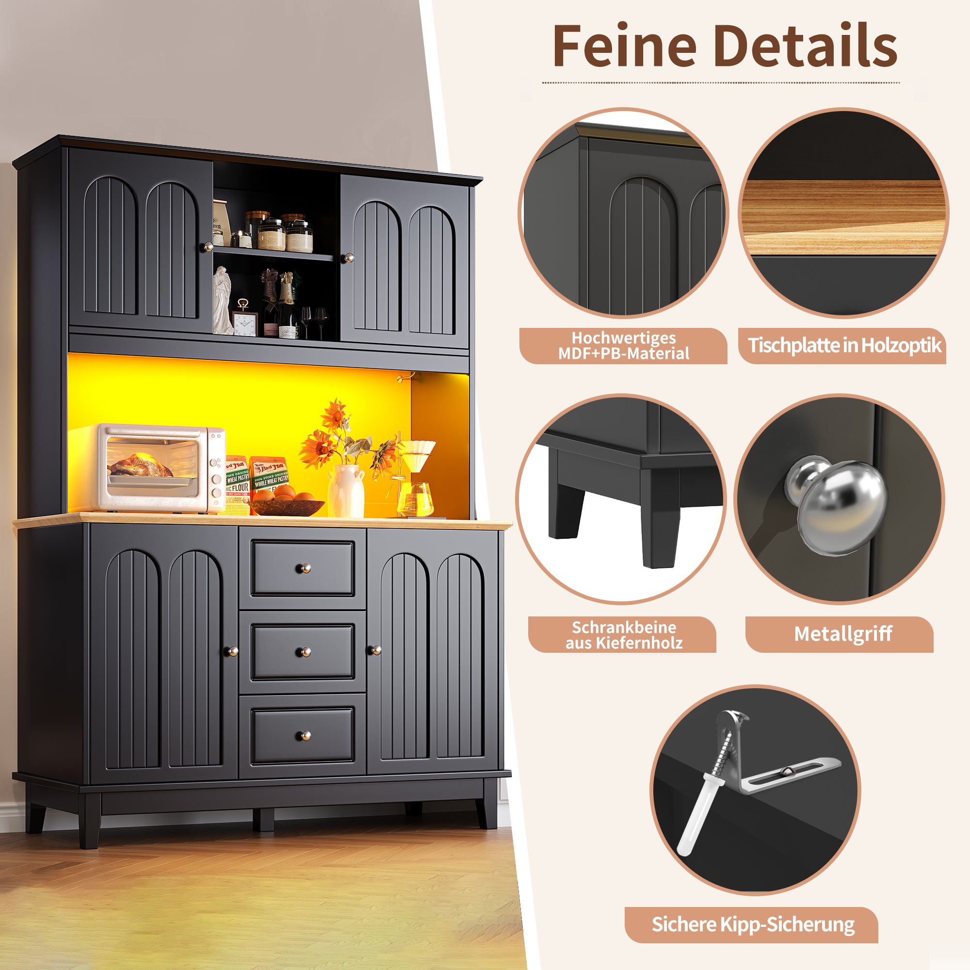 Tall Cabinet 120x40x180cm LED App Control 4 Doors 3 Drawers - Black