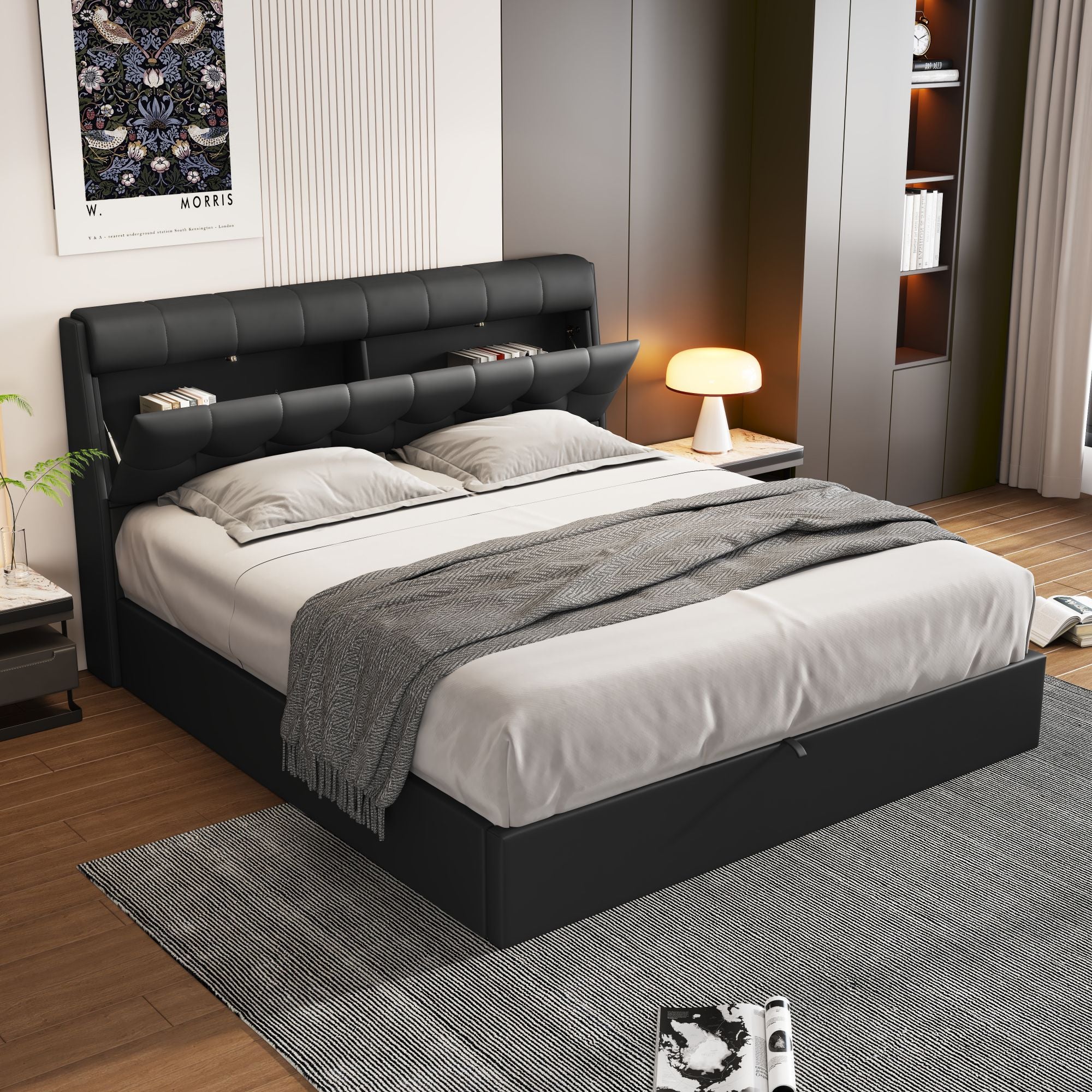 Fashion Upholstered Bed, Double Hydraulic with Storage and Slats, Black PU