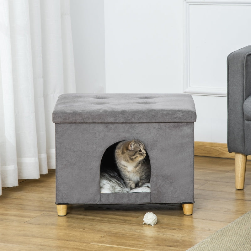 PawHut 2-in-1 Cat Cave Footstool with Cushion, Cat House, Cat Basket, Plush Grey