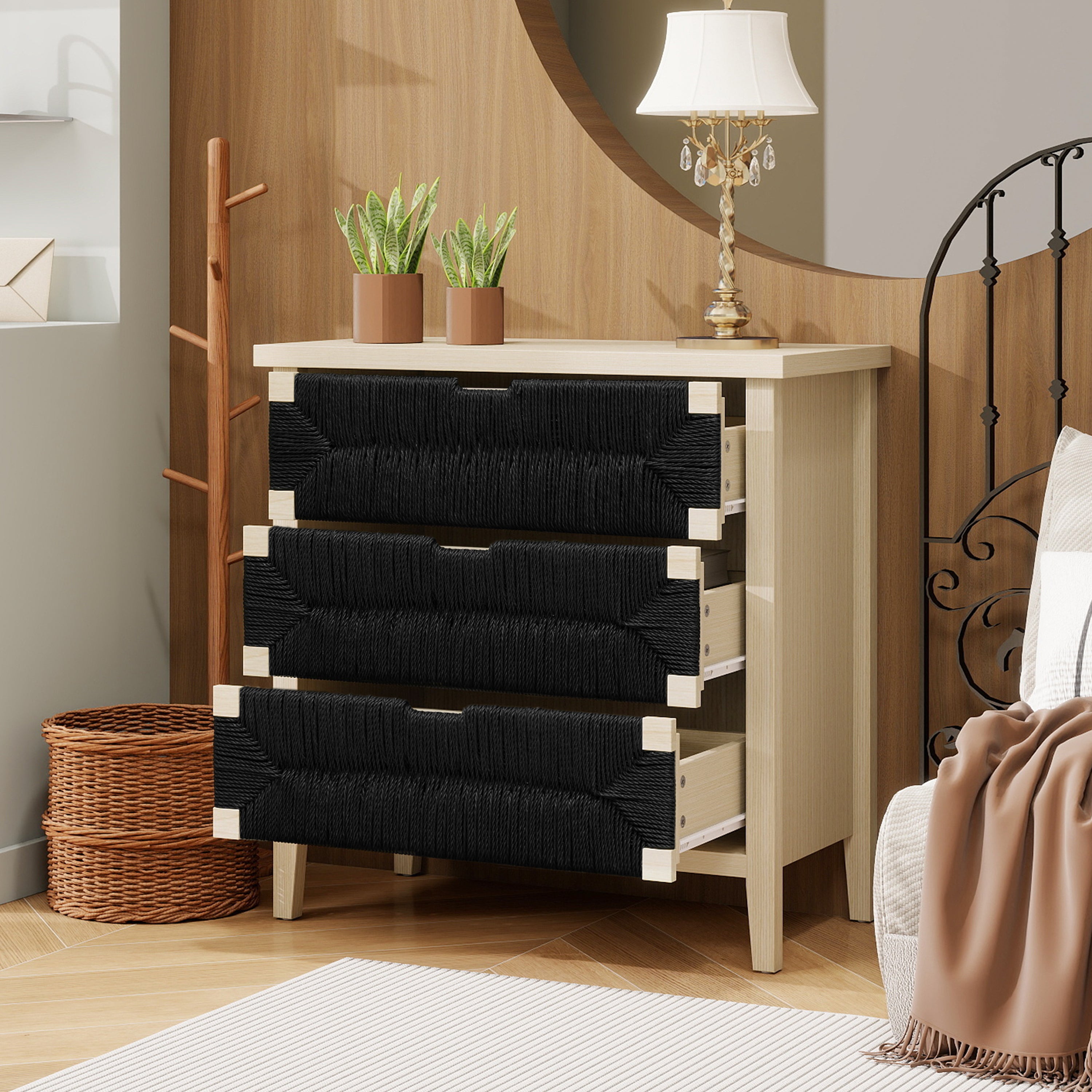 Chest of Drawers 3-Drawer Boho Rope Design 80cm - Natural Wood/Black