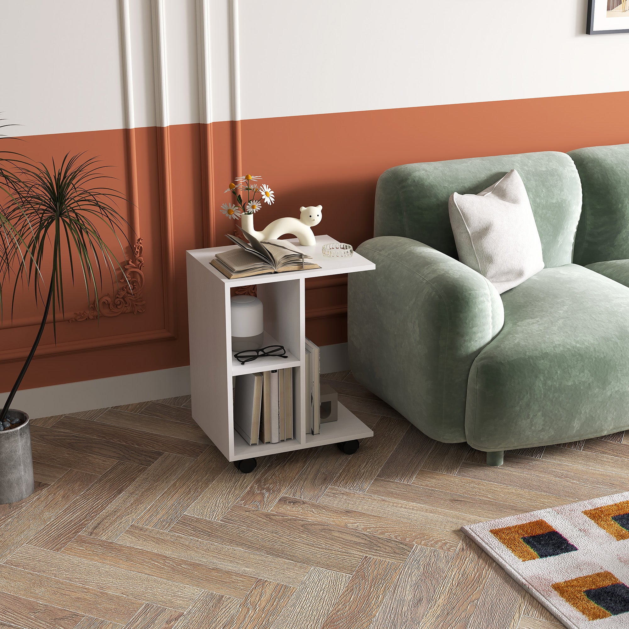 C-shaped Side Table Portable with Wheels 45 x 35 x 58 cm, White