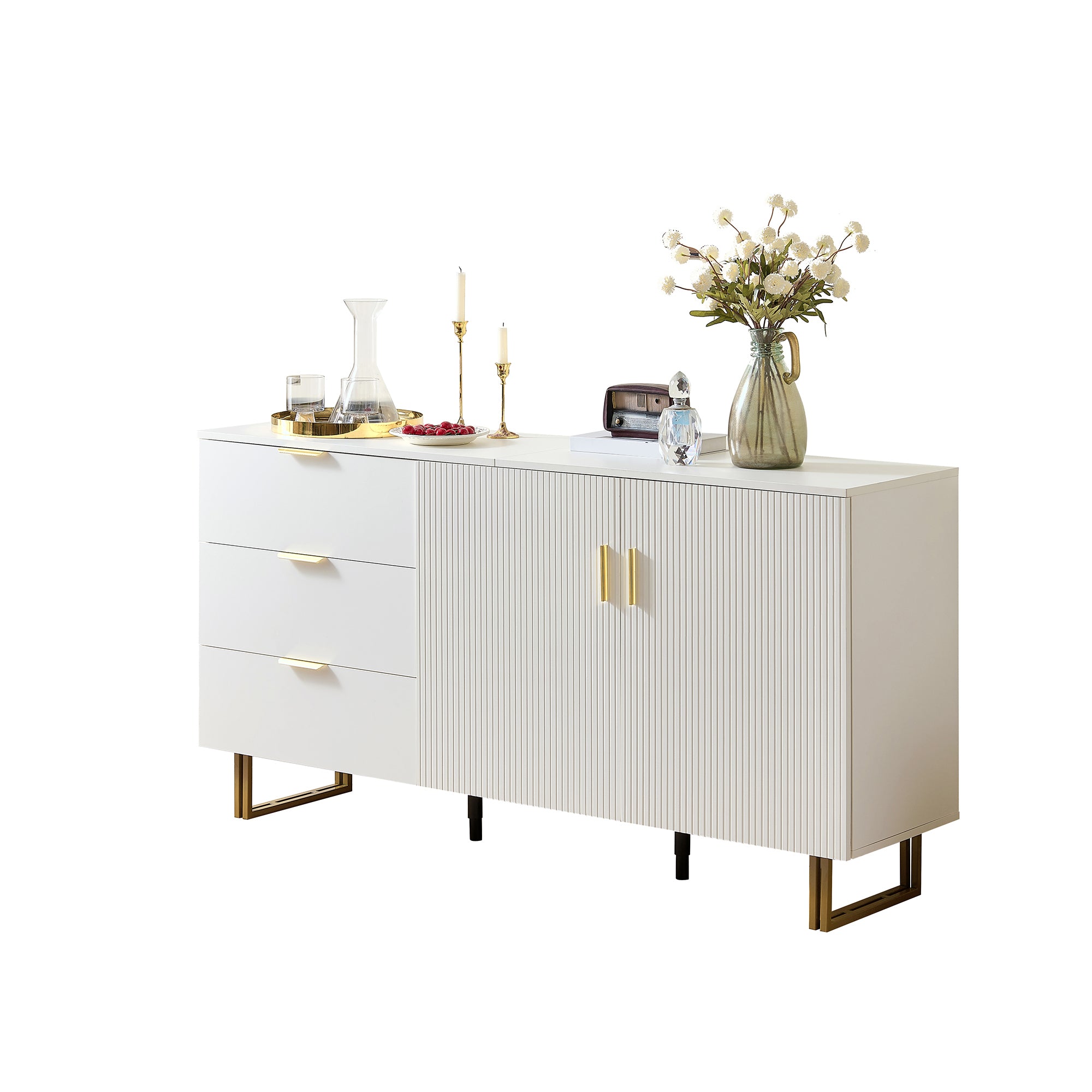Modern Sideboard with 2 Doors and 3 Drawers, 160cm Storage Cabinet with Gold Steel Legs, White MDF