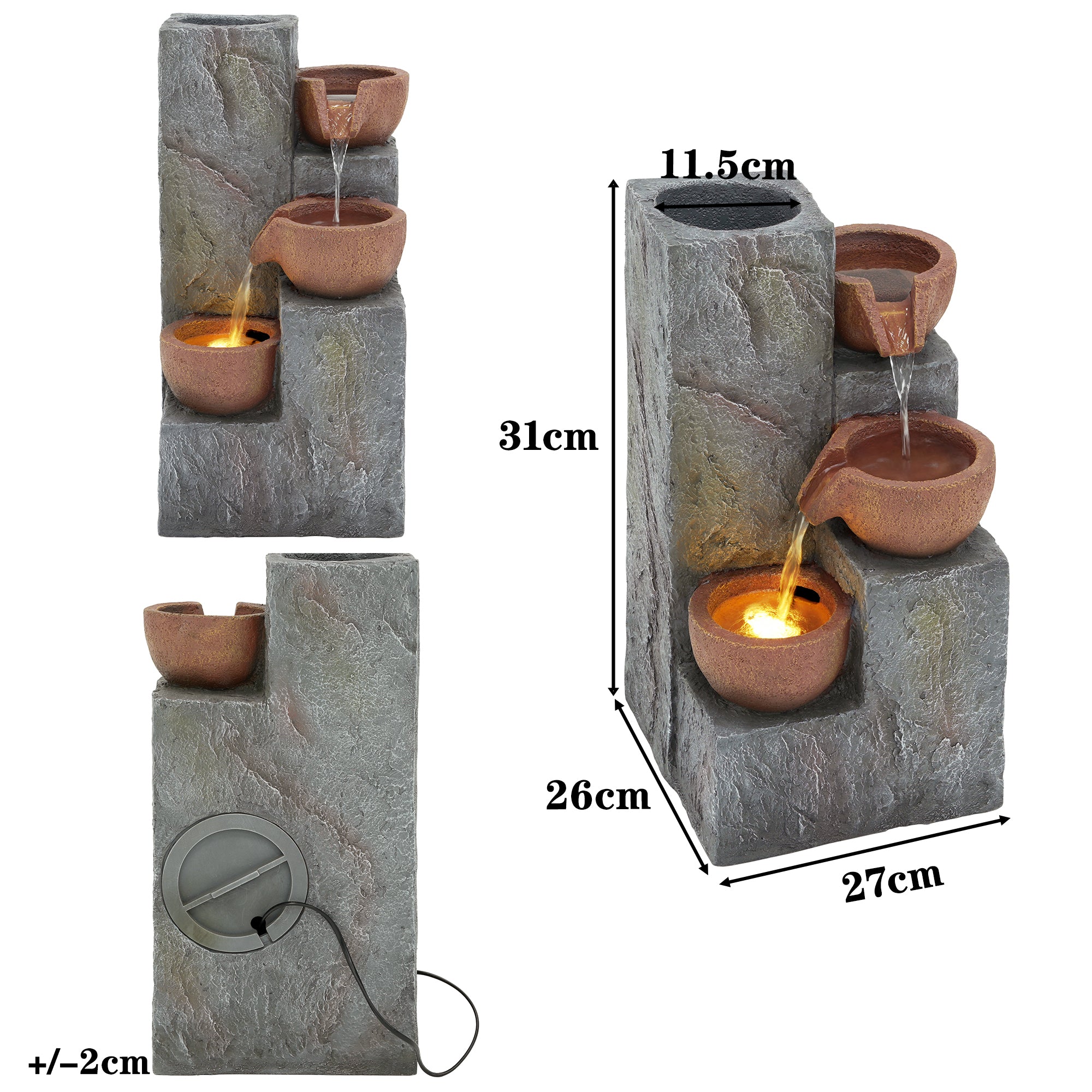 Garden Fountain with Three-Tier Waterfall and Antique Standing Basin, 230V Metal Finish