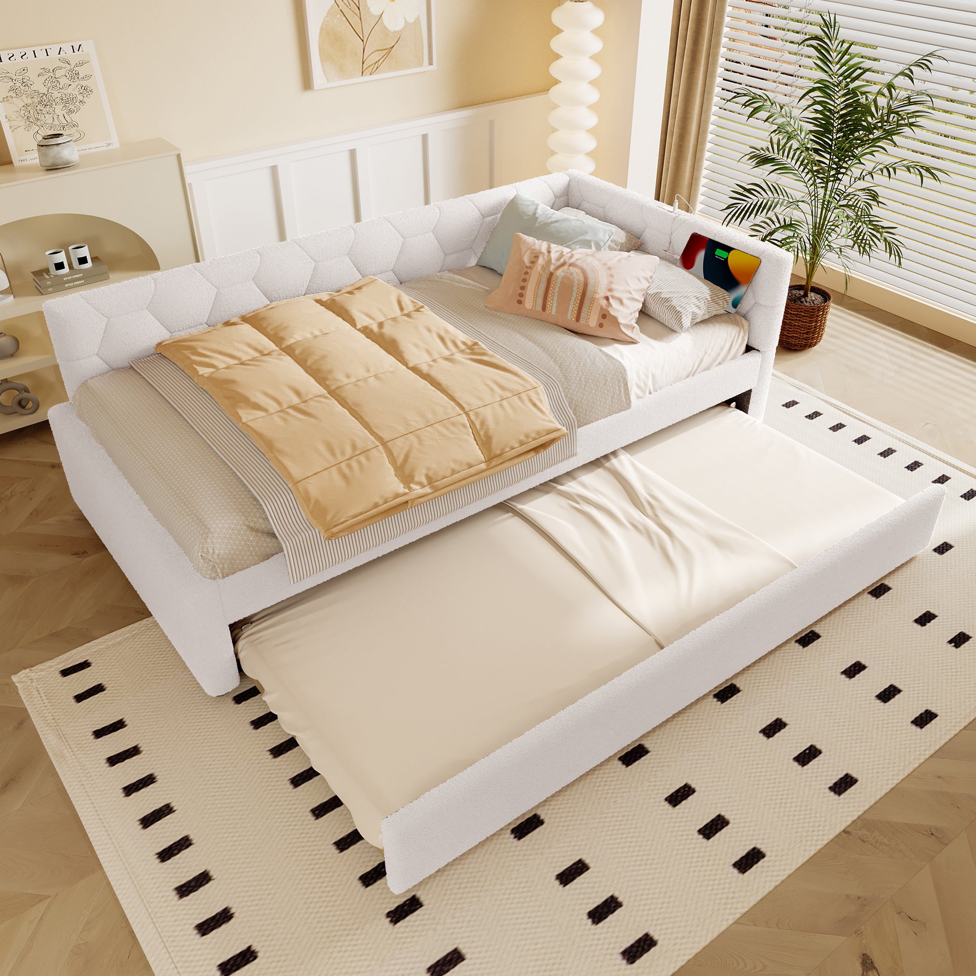 Daybed Sofa Bed 90x200cm Pull-Out Bed Lamp USB/Type-C - Fleece Imitation White