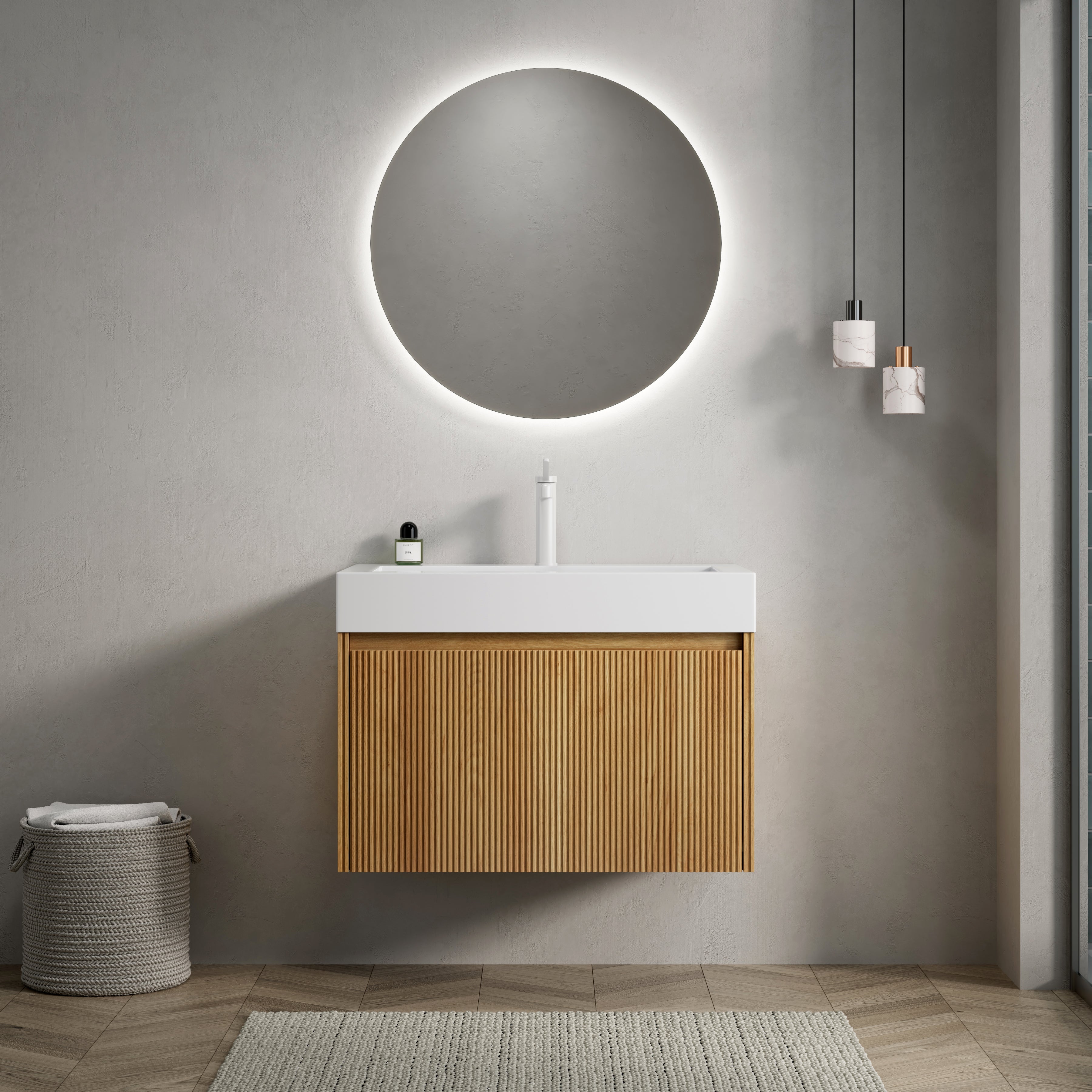 Wall-Mounted Bathroom Vanity Unit with Resin Basin and Drawer, Natural Wood Grain