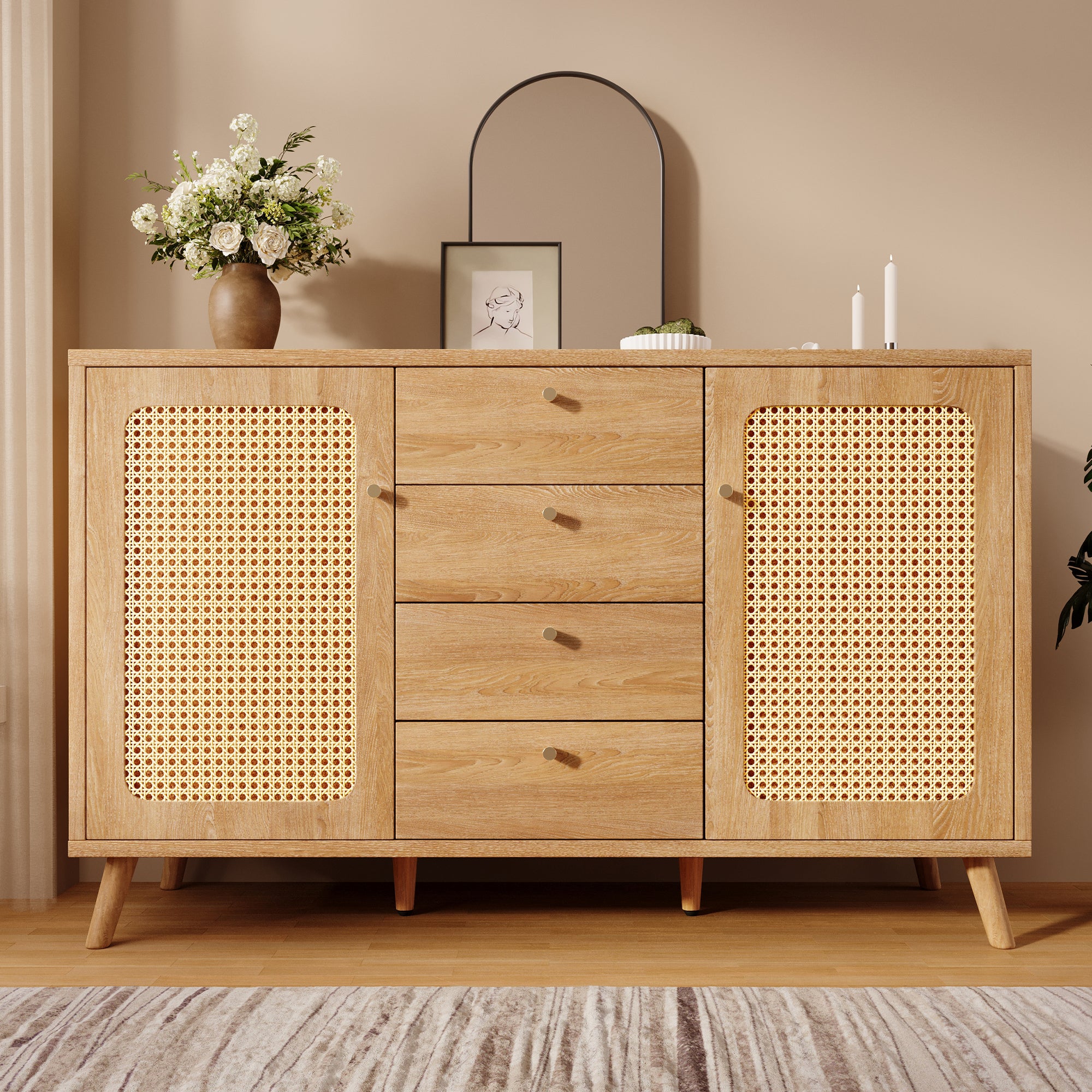 Sideboard Rattan Look Storage Cabinet 4 Drawers 2 Doors - Light Oak