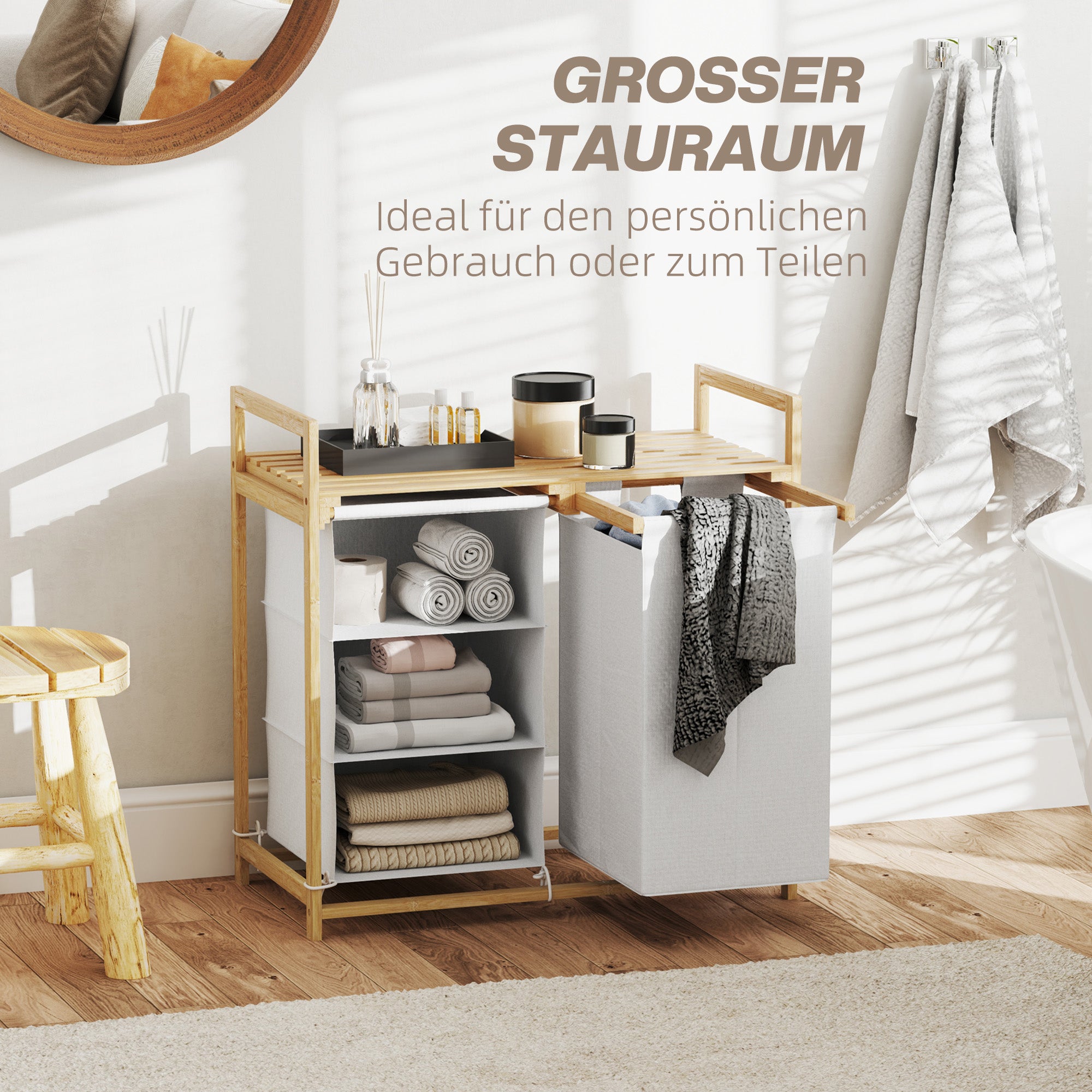 Laundry Basket 4 Compartments, Extendable Bags, 83L, Bamboo White