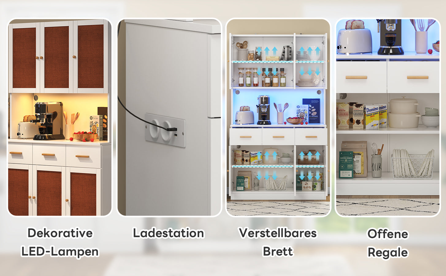 Kitchen Sideboard Tall Cabinet with LED & Socket, White Fabric/Solid Wood