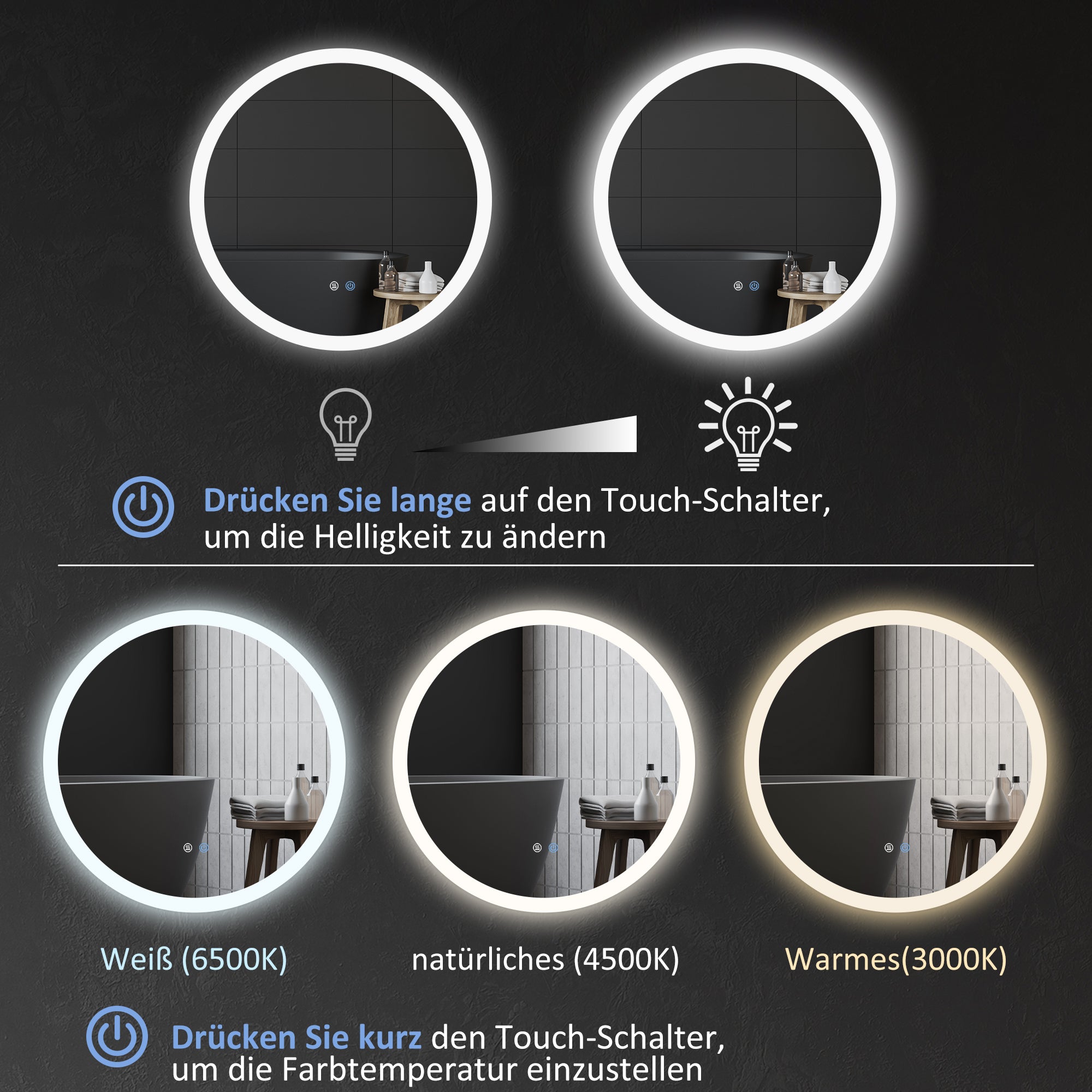 Illuminated Bathroom Mirror, Ø70 cm, 3 Light Colors, IP44, Anti-Fog, Wall Mirror