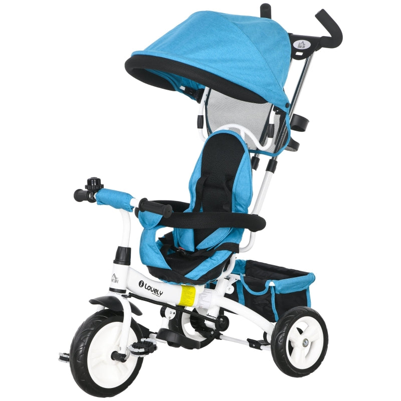 6-in-1 Tricycle with Push Bar, Sun Canopy, Safety Harness, Basket, Cup Holder, Blue