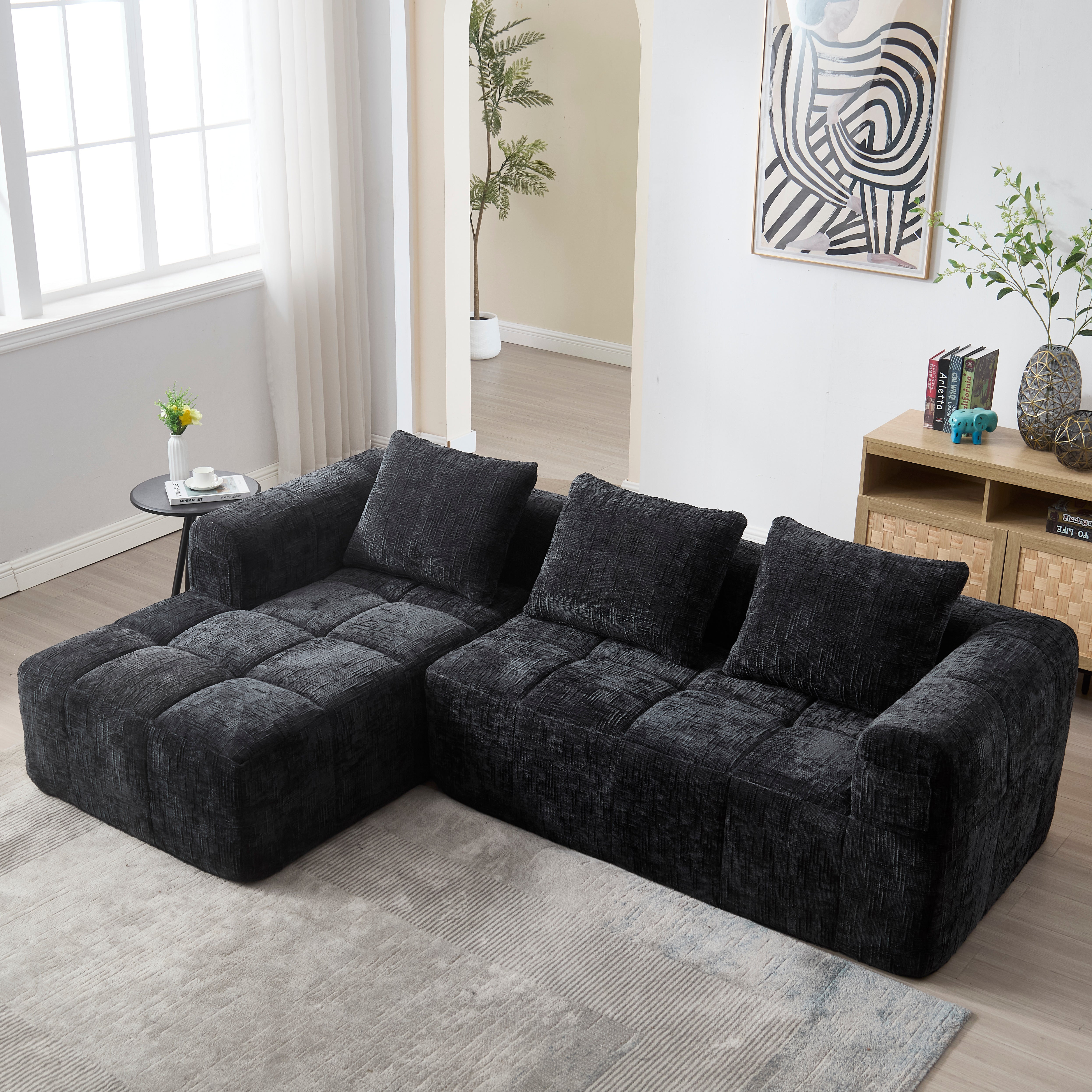 Modern Sectional Sofa L-Shaped 3-Seater Chaise Lounge, Chenille Black