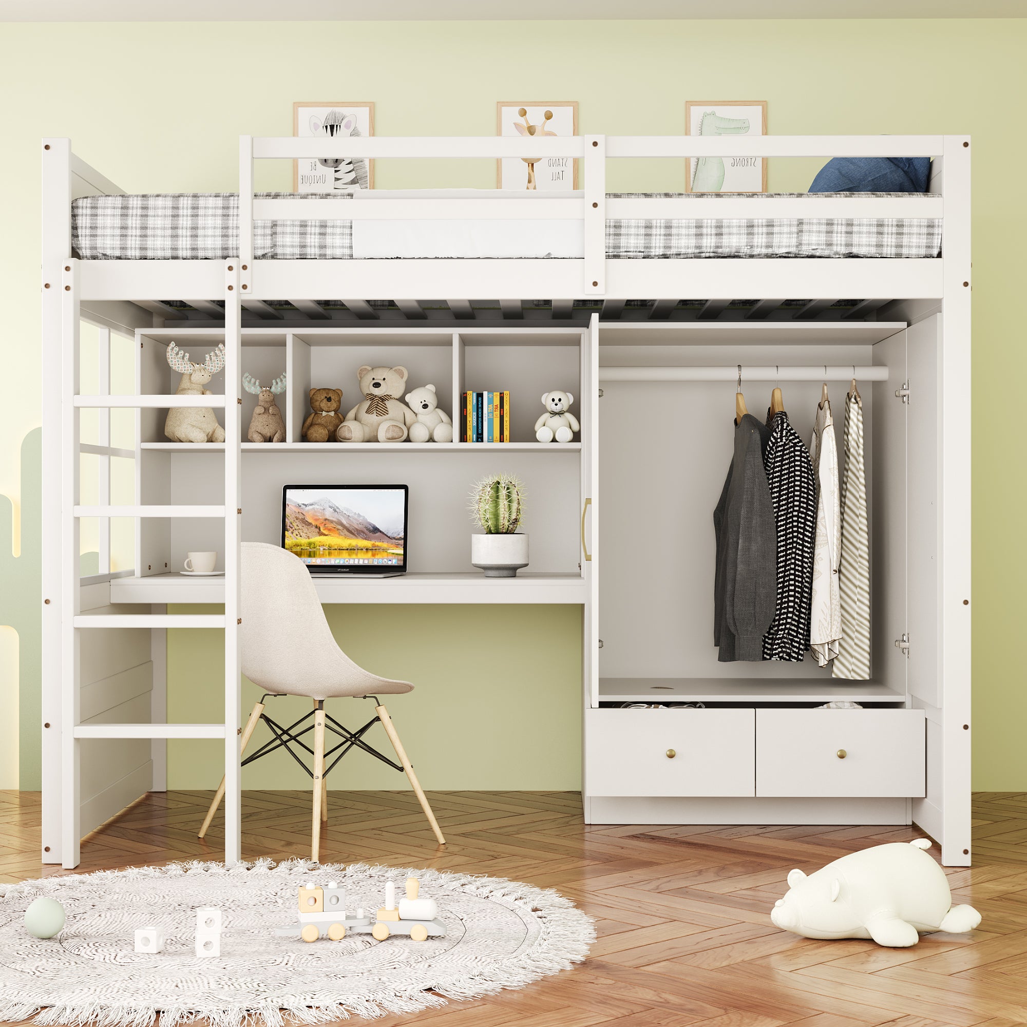 Loft Bed 90x200cm, Ladder, Desk, Wardrobe & Drawers, White