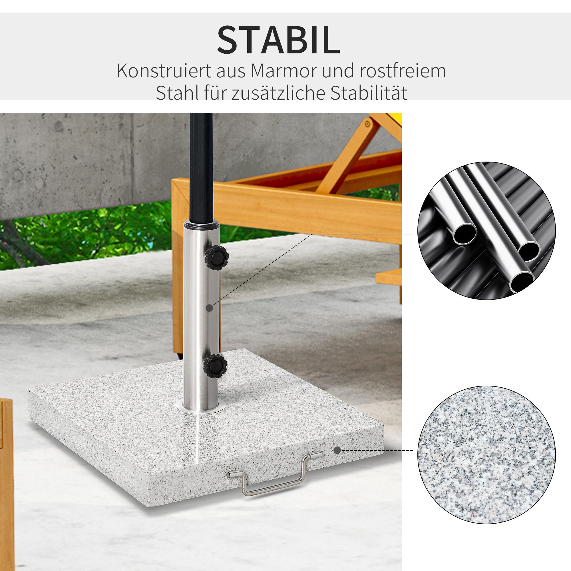 Mobile Parasol Stand, Stable Base 28kg, Marble/Stainless Steel