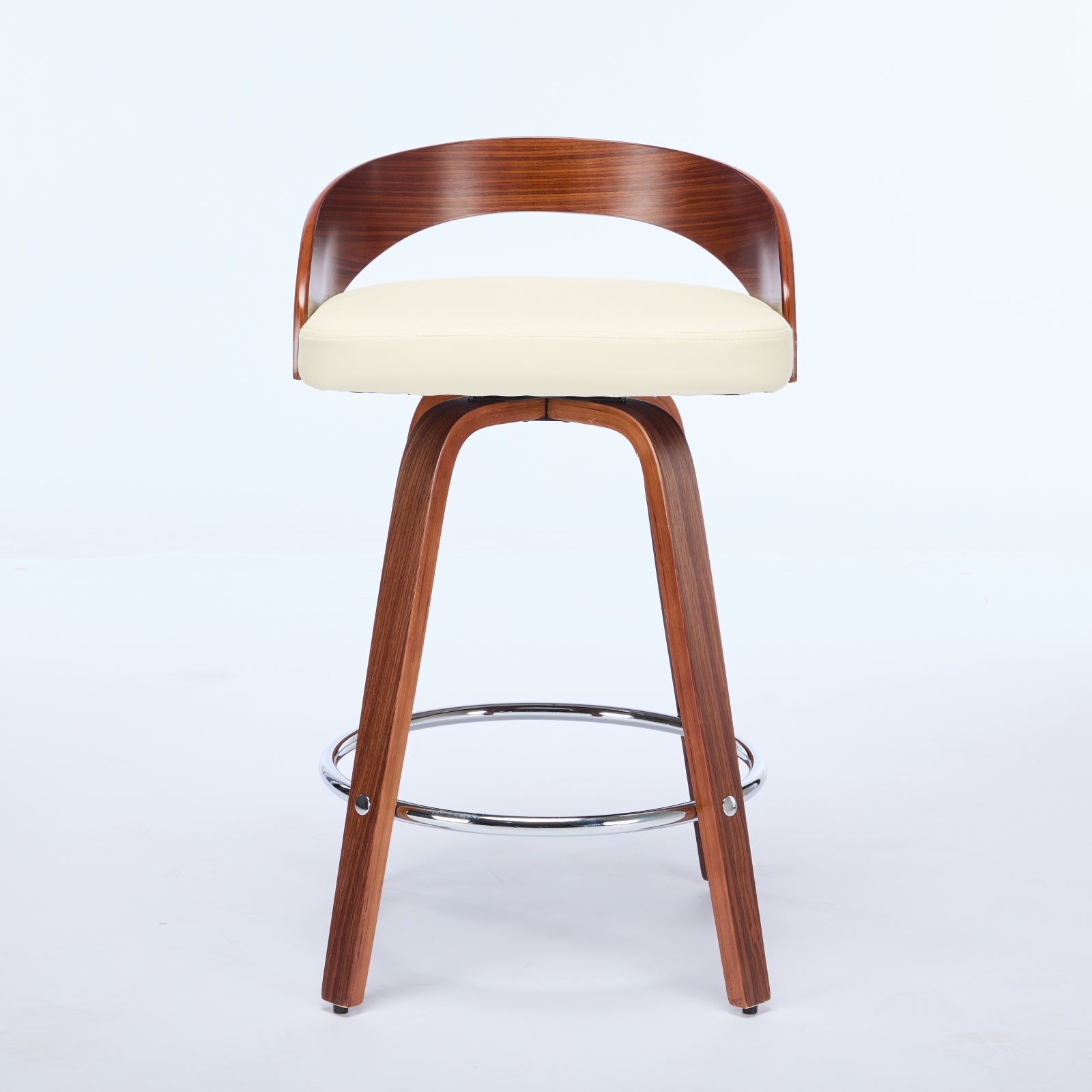 Bar Stools Set of 2, Swivel 63CM Counter Height Chairs with Low Back and Wood Legs, Beige Wood and Faux Leather