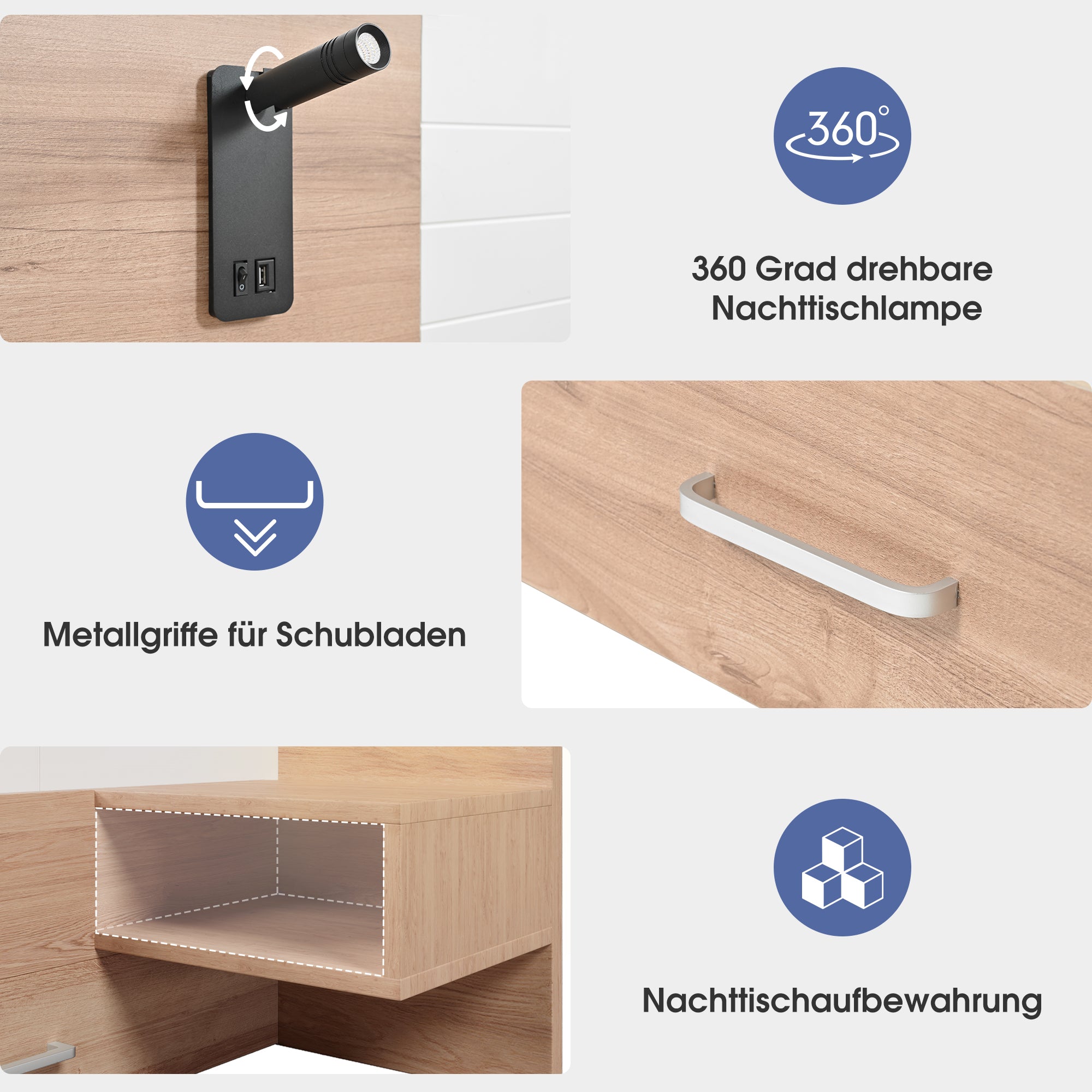 Double Wooden Bed, 160x200cm, 2 Drawers, USB, Oak/White