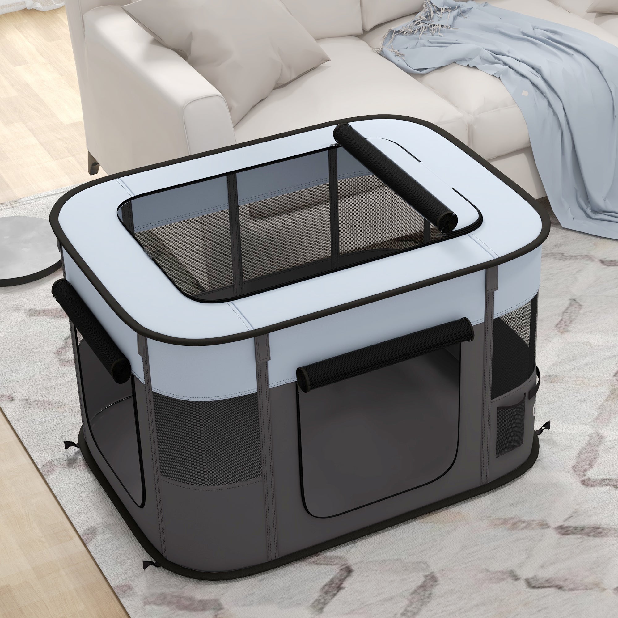 Puppy Playpen, Foldable Breathable Mesh, Grey