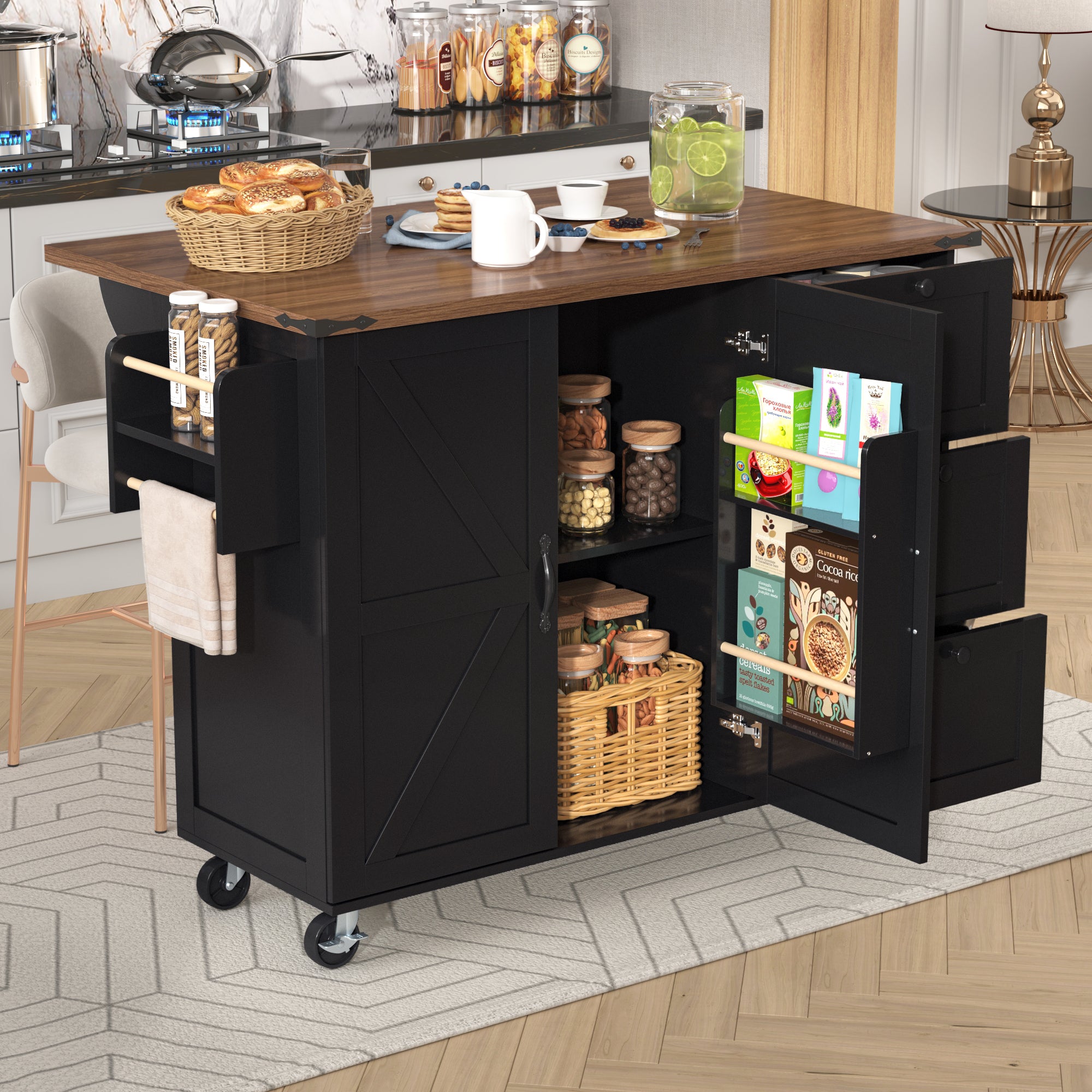 Kitchen Island Trolley with Pull-out Worktop, 2 Doors, 3 Drawers, Wood Grain Black