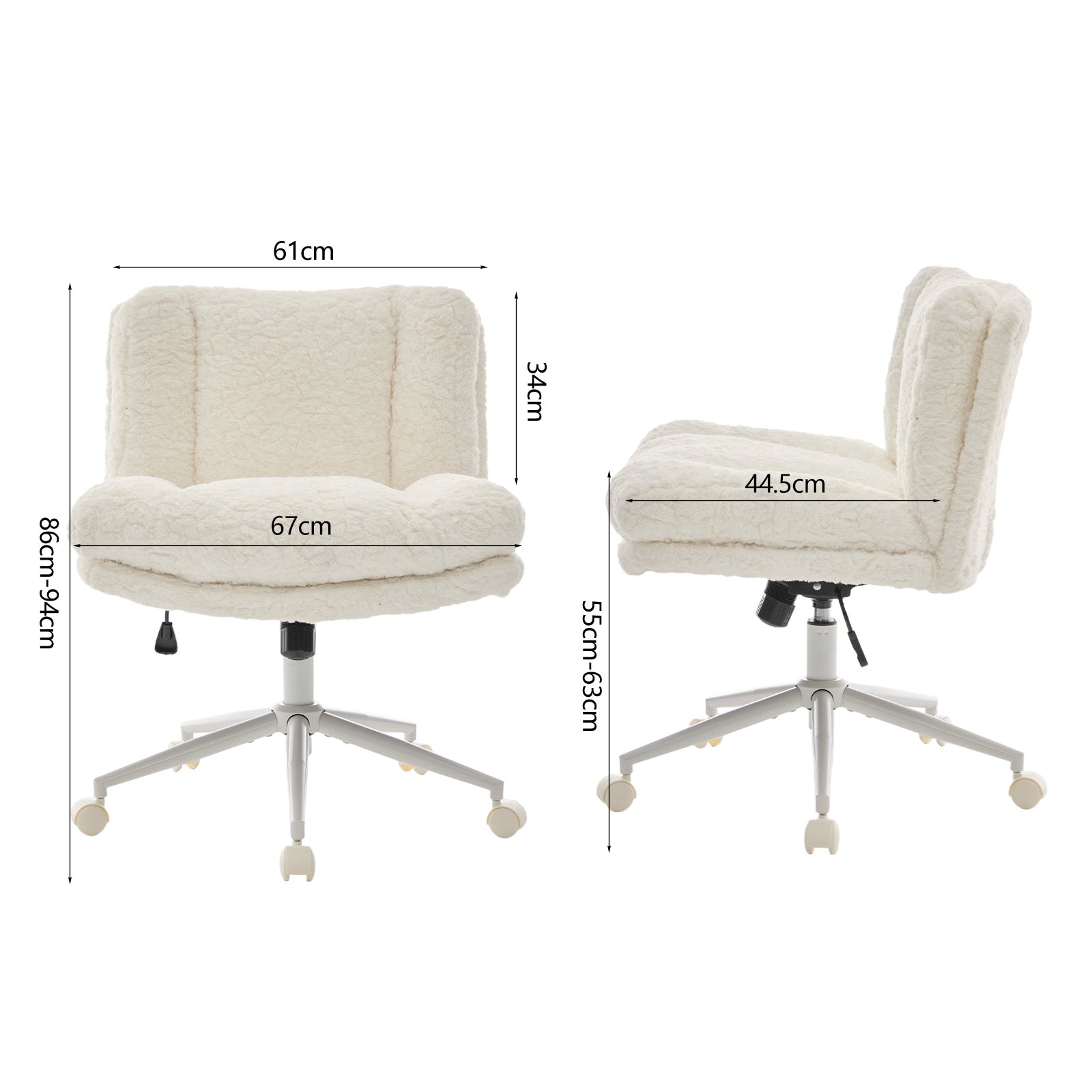 Wider Seat Office Chair with Artificial Rabbit Hair and Swivel Metal Base, Cream