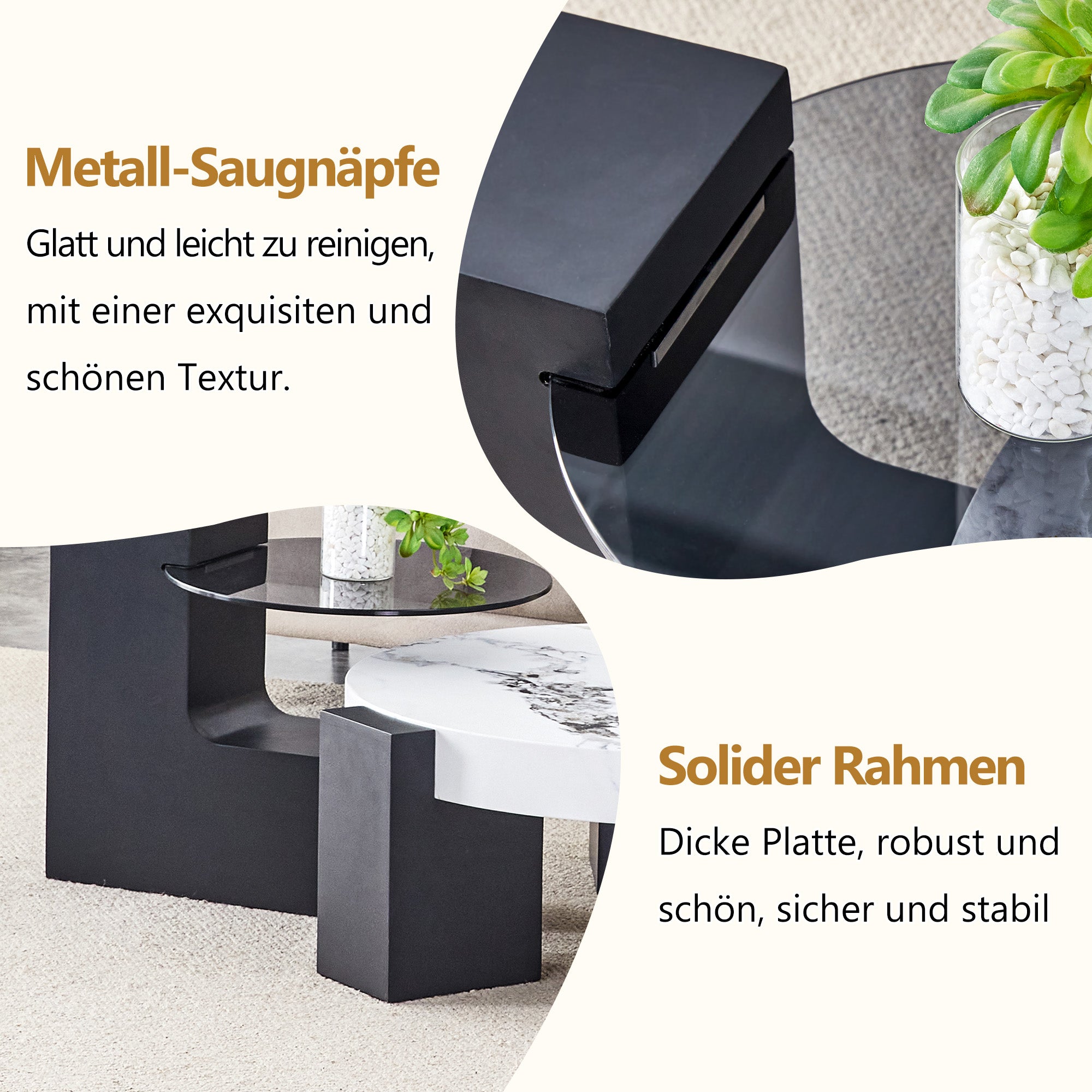 Round Side Table Two Levels Grey Glass Marble Effect Top - Black MDF