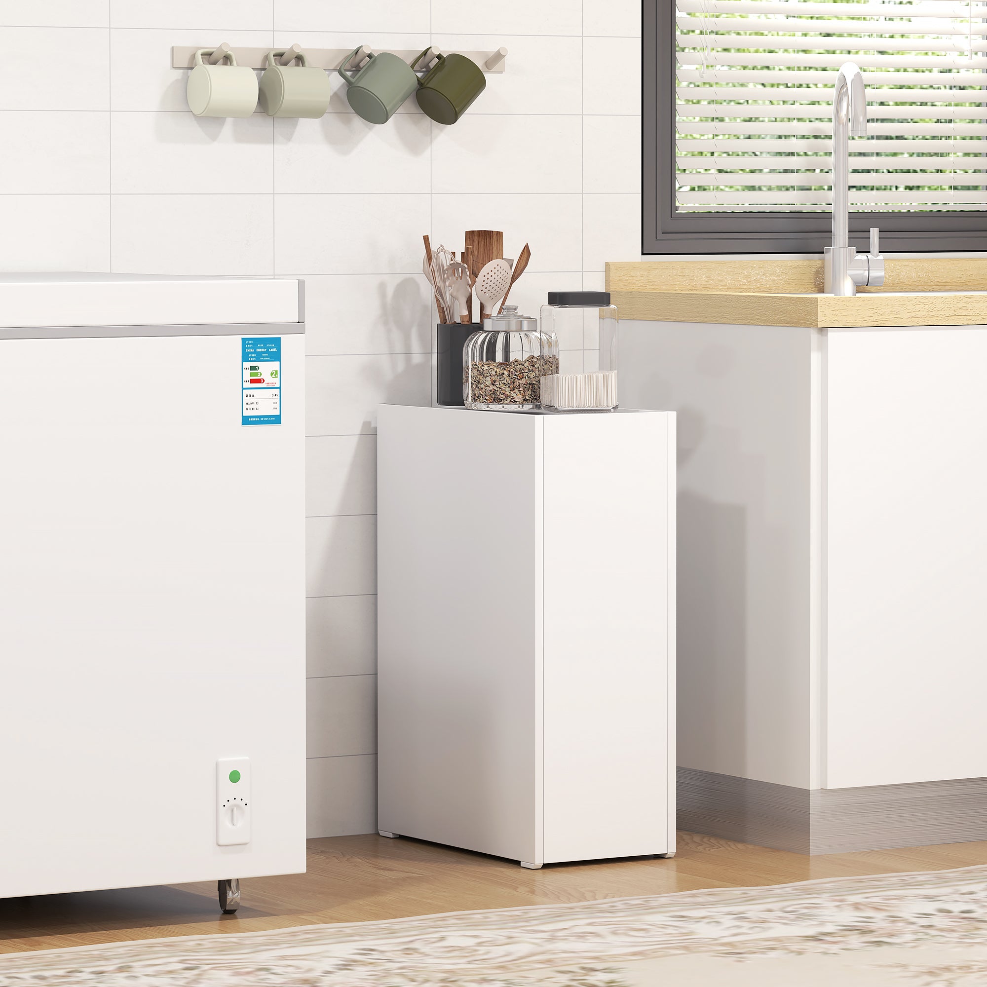 Slim Bathroom Cabinet, Wheels, 3 Deep Compartments, White