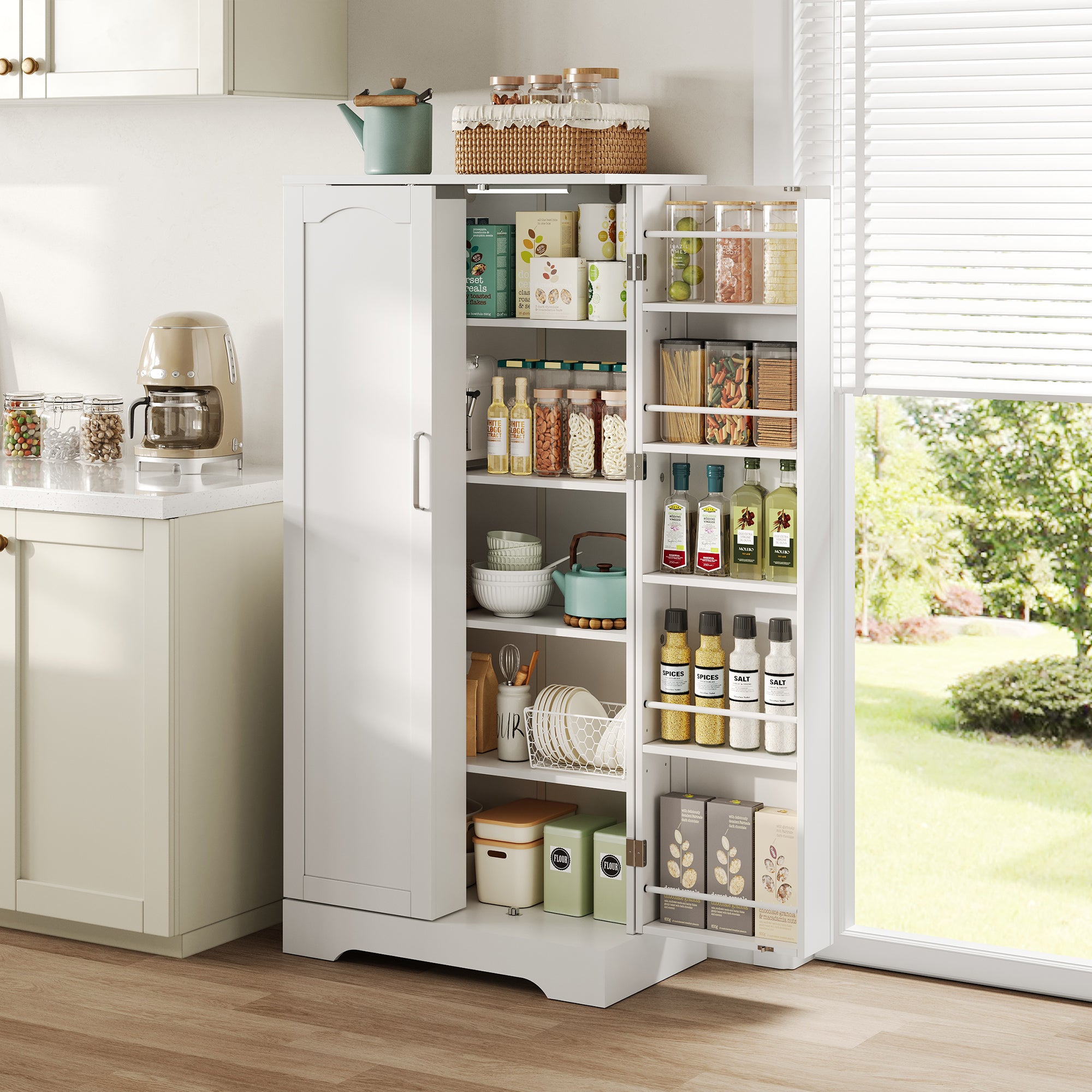 Kitchen Cabinet 60x35x128cm LED Sensor Adjustable Shelves Double Door - White