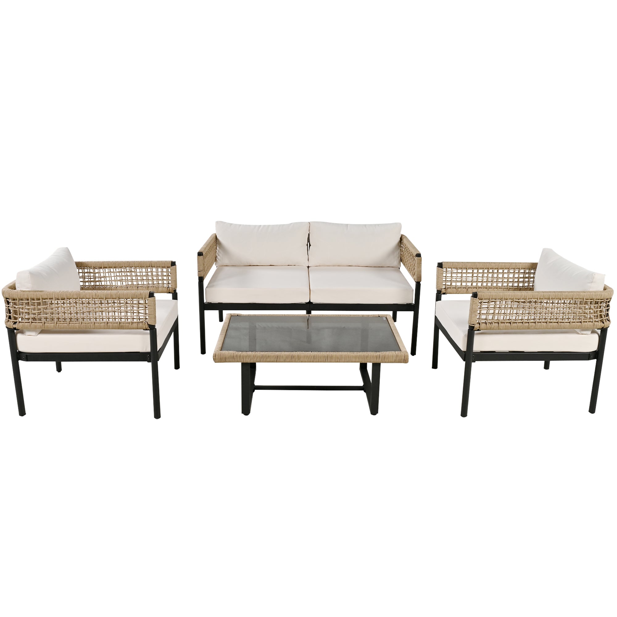 Garden Lounge Set 4-Piece Rope Set Galvanized Frame Glass Top with Cushions - Beige