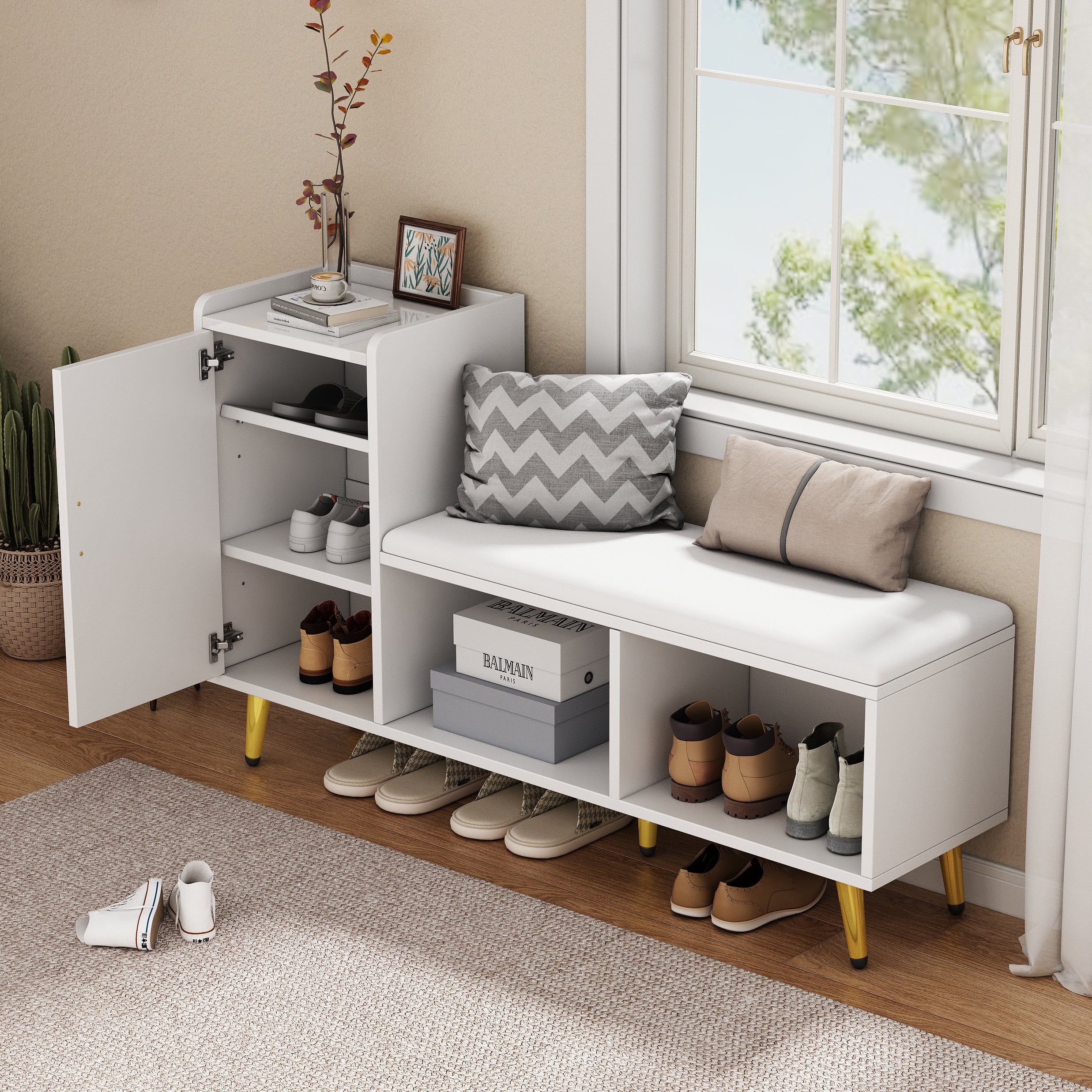 Shoe Cabinet, Multi-Tiered Storage with Upholstered Seat and Gold Accessories, White High Gloss