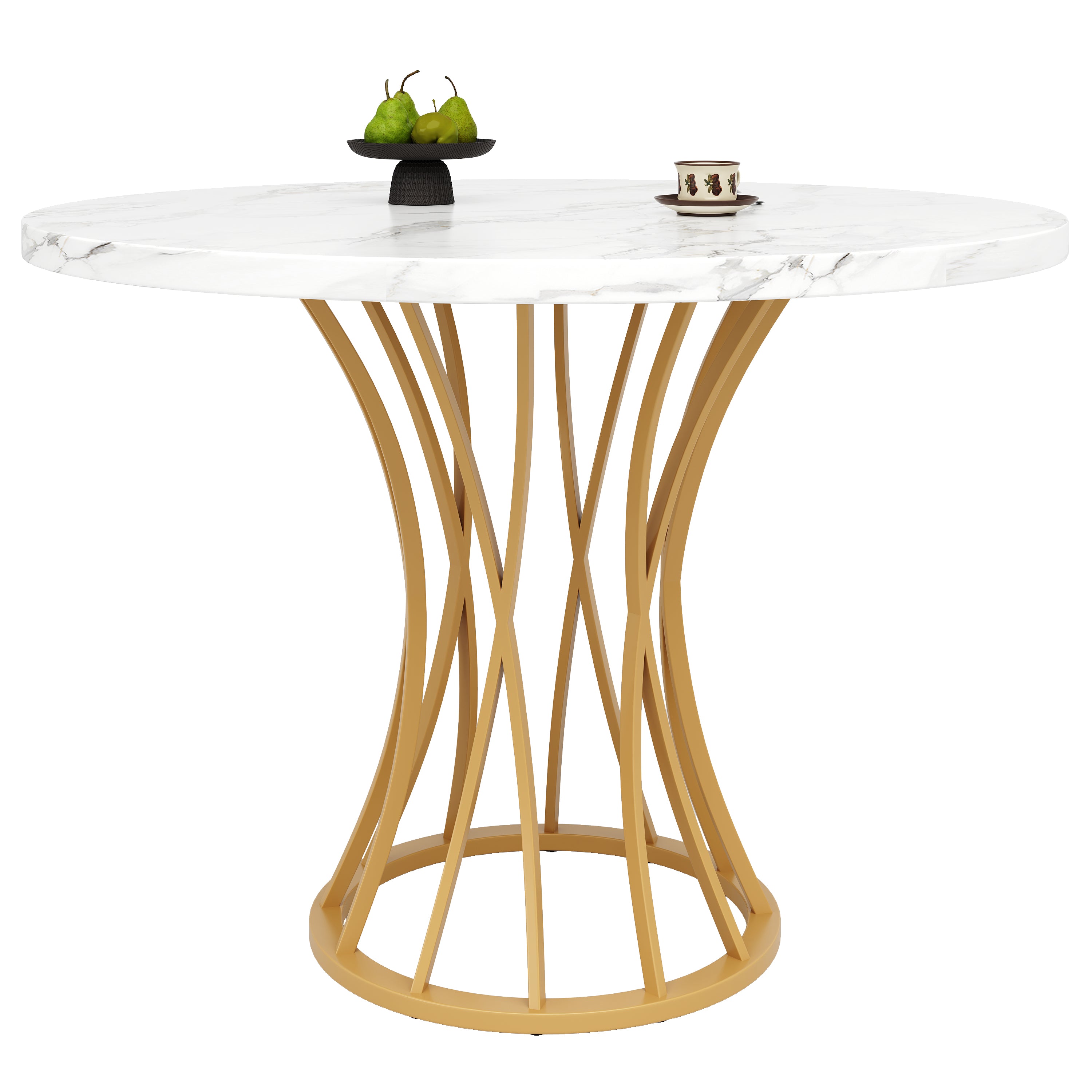 Dining Table Set 5-Piece Round 80cm White Marble Top Gold Legs Grey Velvet