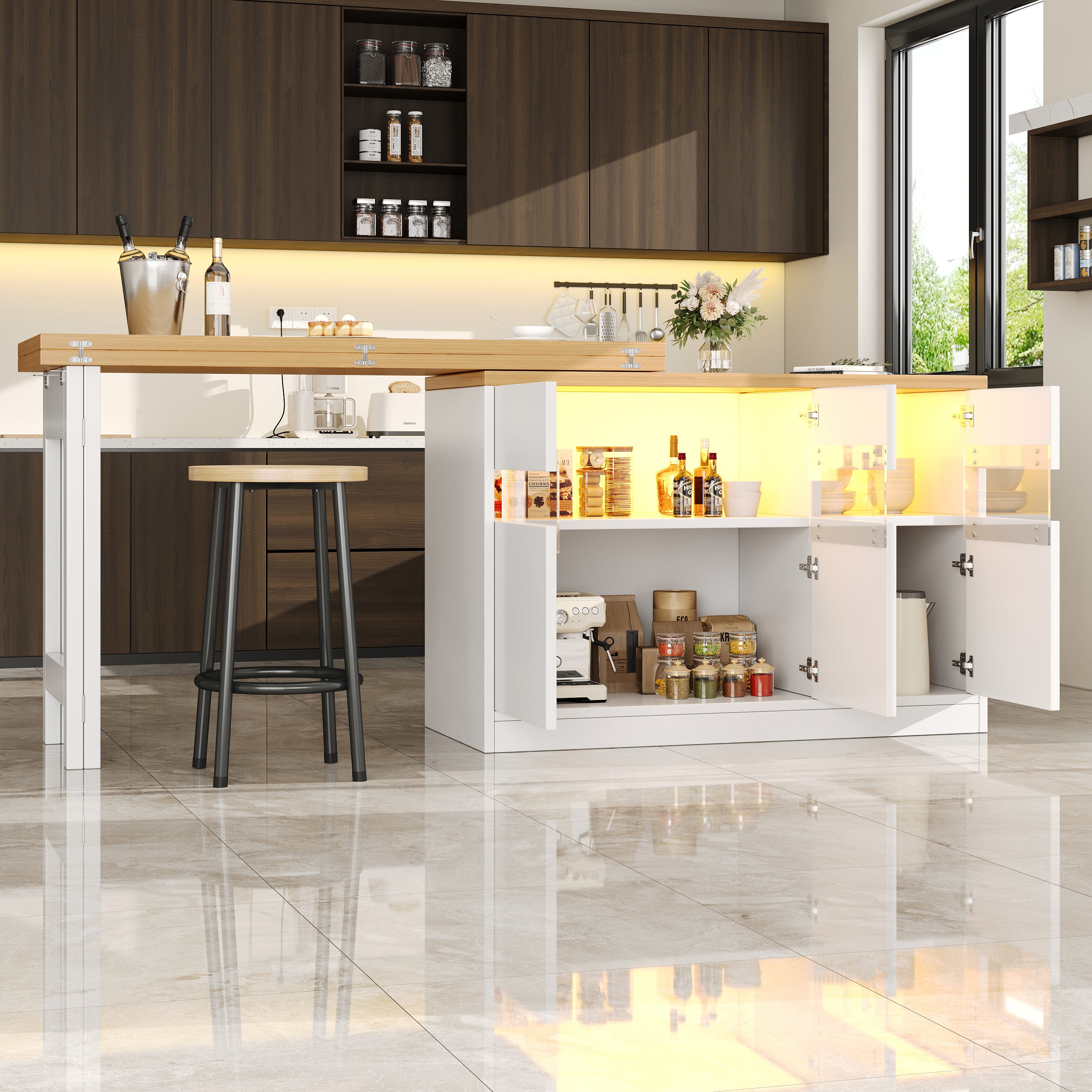 Extendable Bar Table with LED Lighting and 360° Swivel, 120-180cm Adjustable Length, White