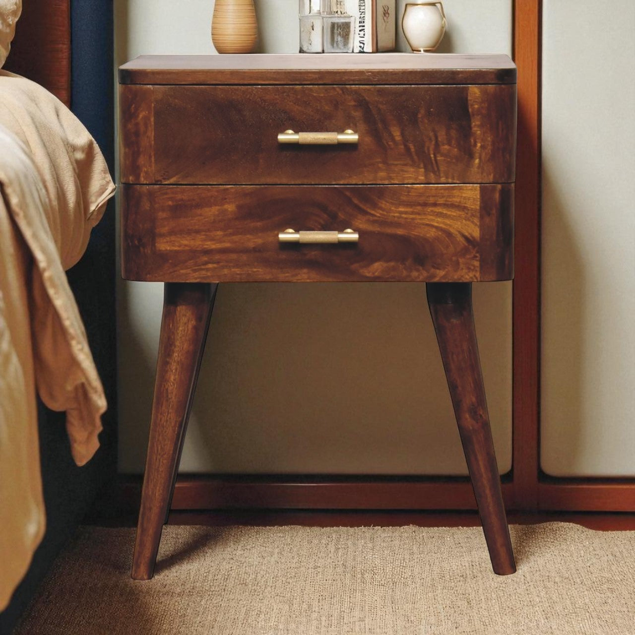 Solid Wood Bedside, T-Bar Nordic 2 Drawers, Dark Brown Chestnut