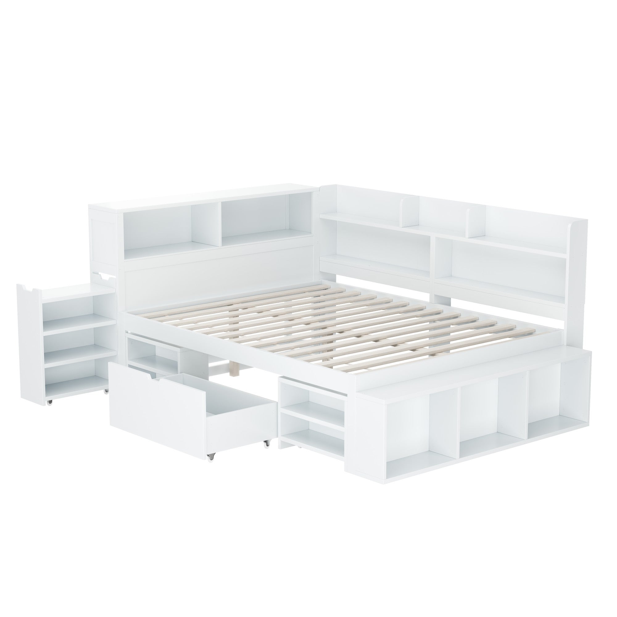 Children's Single Bed 140x200cm Storage Drawers Bookshelf White