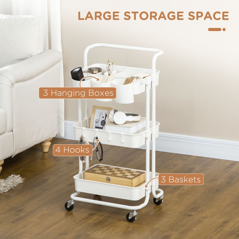 Three-Tier Home Trolley, Handle and Wheels Storage - White