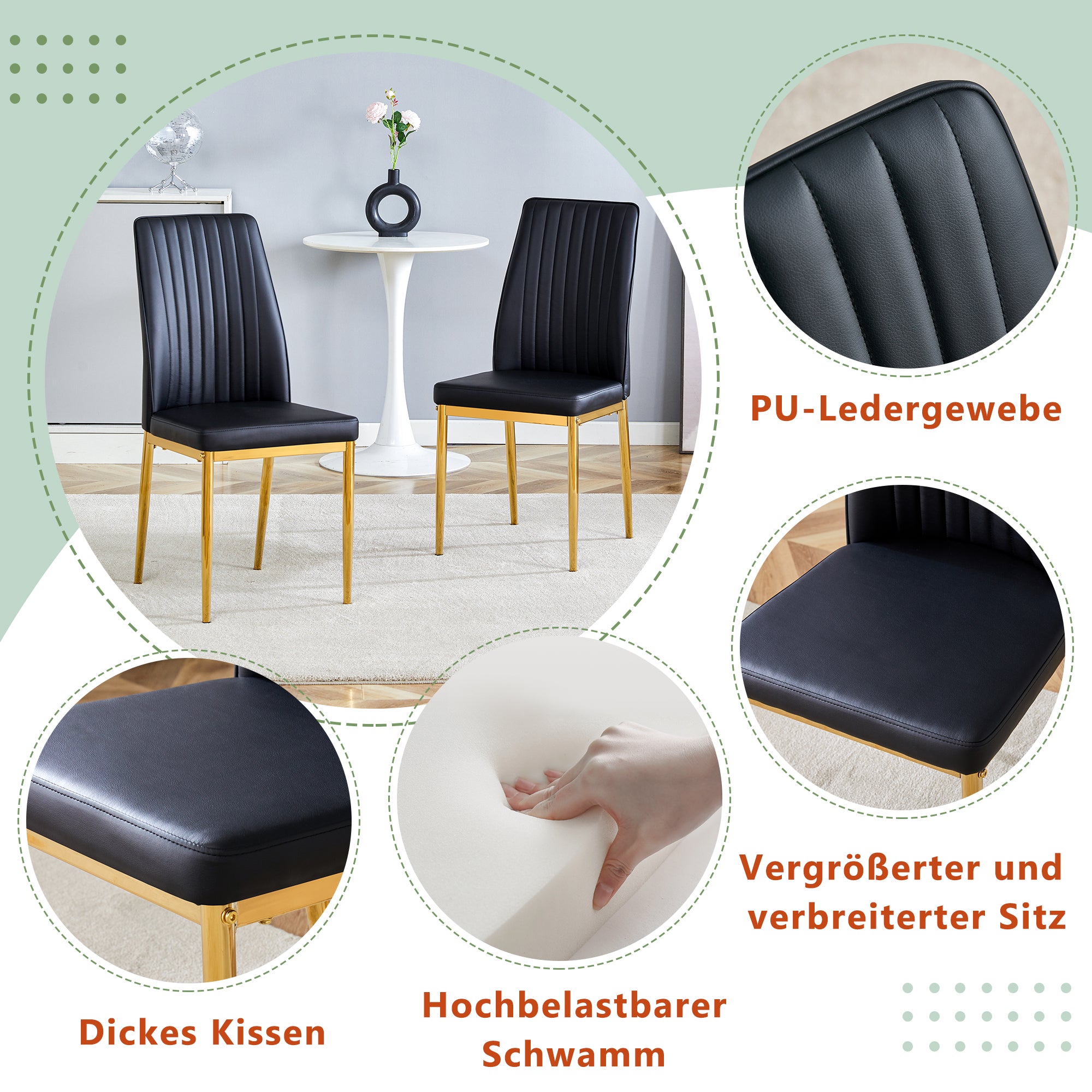 Dining Chair Set of 4, Golden Metal Legs, Black PU Leather