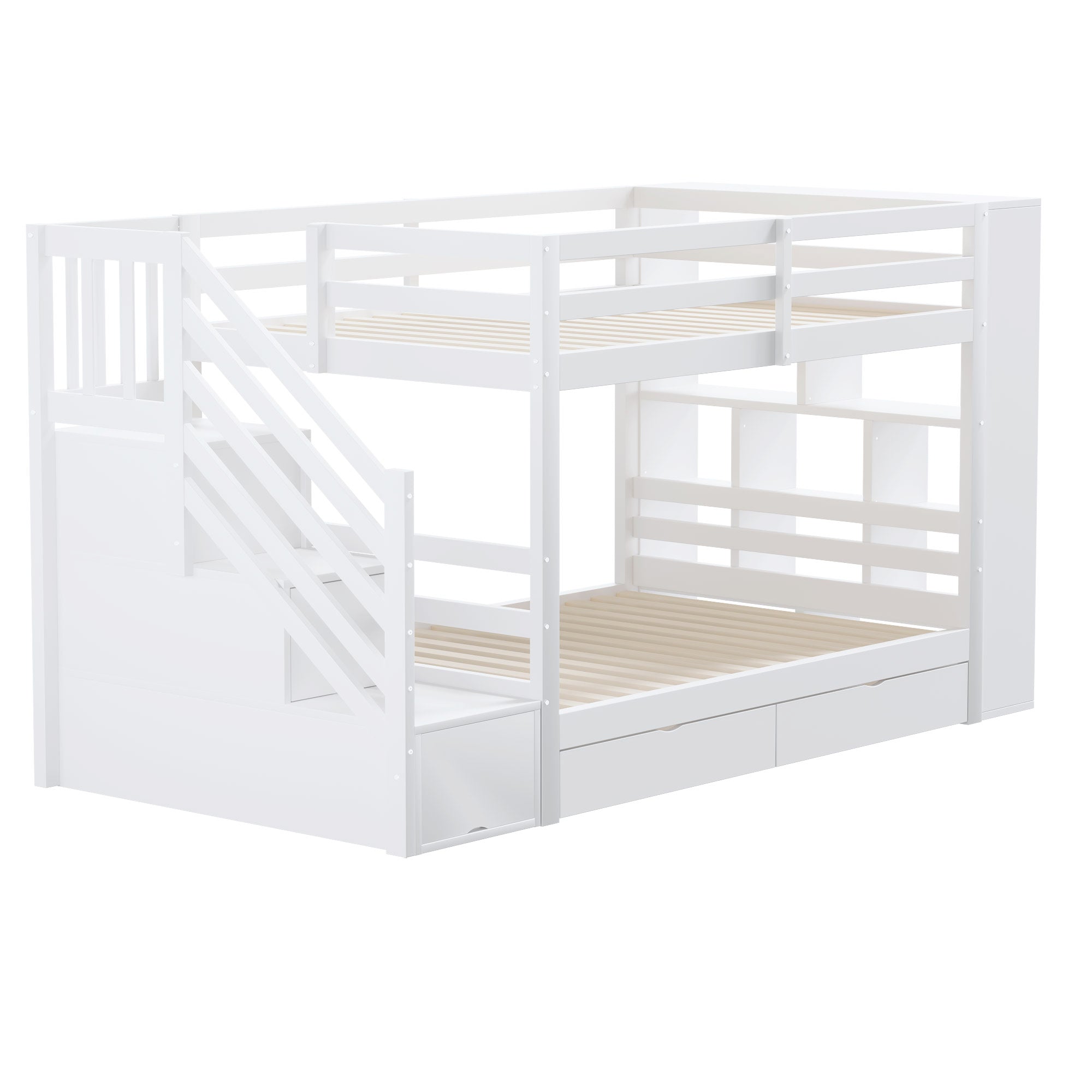Bunk Bed with Storage Stairs and Drawers, 90x200cm, Pine Wood, White and Grey