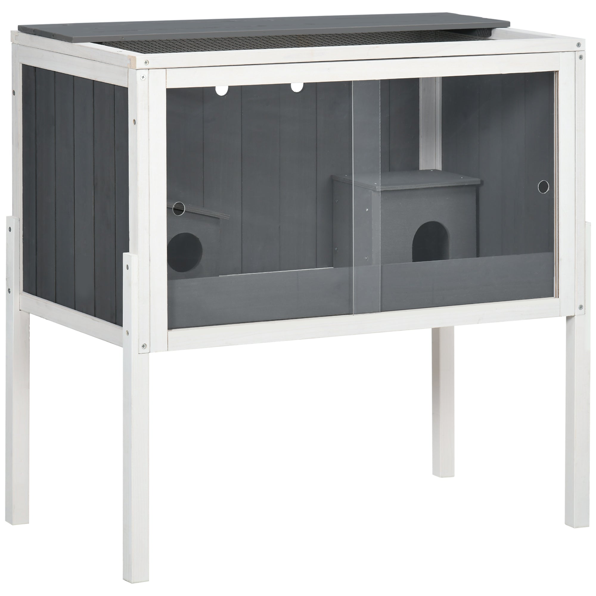 Hamster Cage, 2 Huts, 82 x 45 x 81 cm, Grey Wood