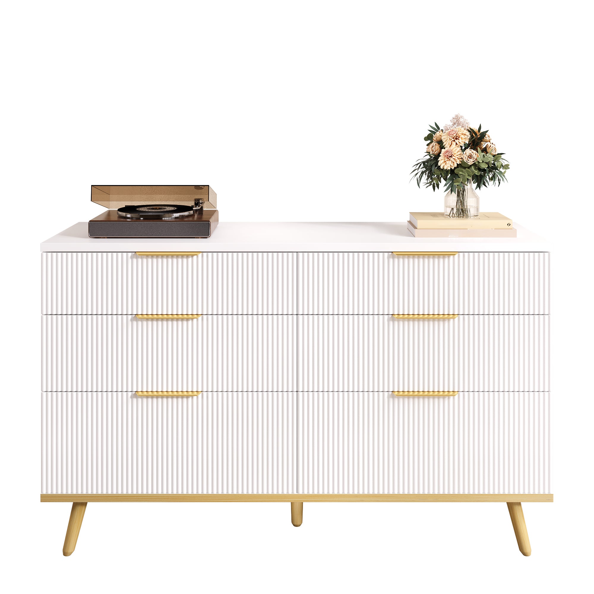 Modern 6-Drawer Chest of Drawers with Wood-Look Feet, White Particleboard