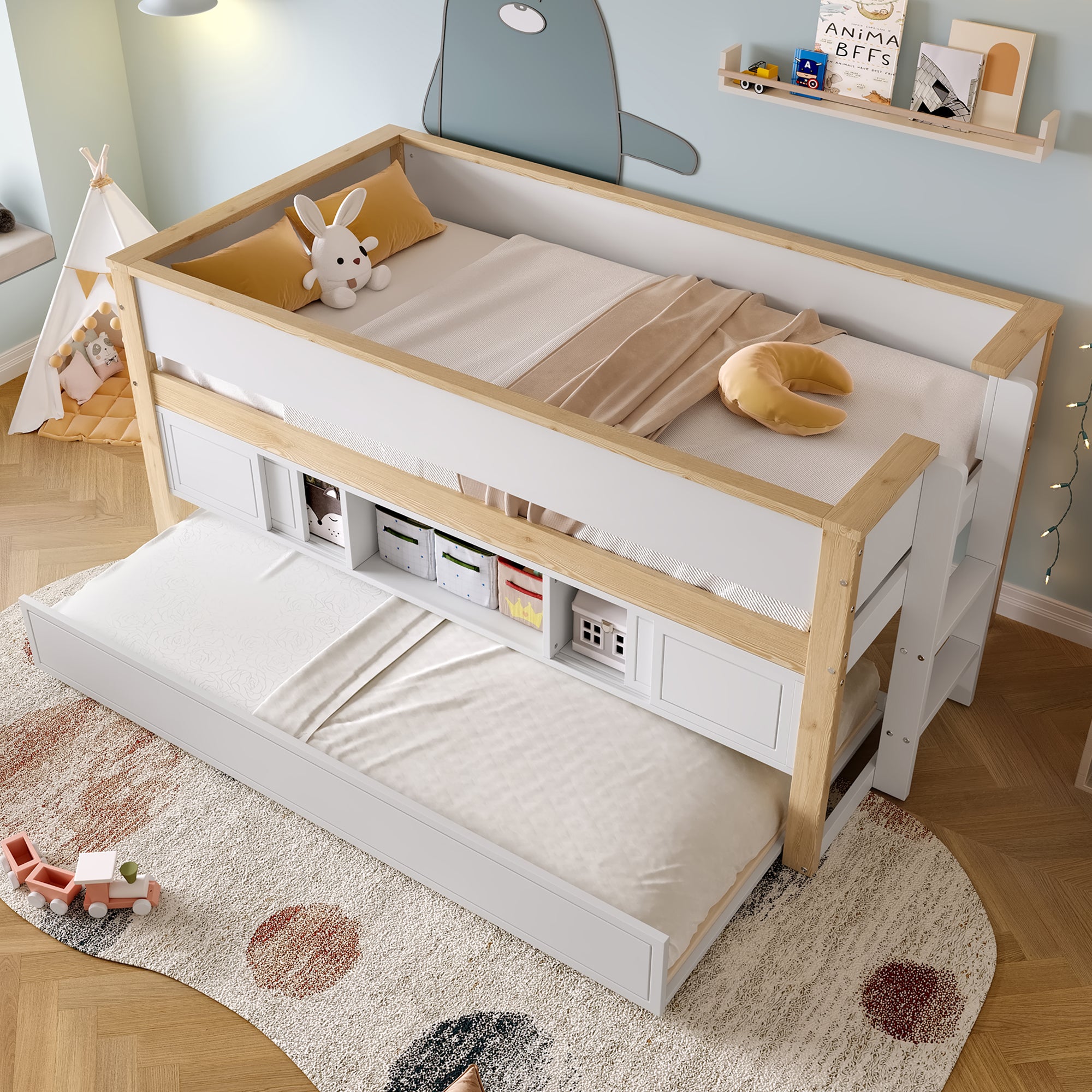 Mid-height Bed with Pull-Out Bed Storage 90x200cm, White + Natural