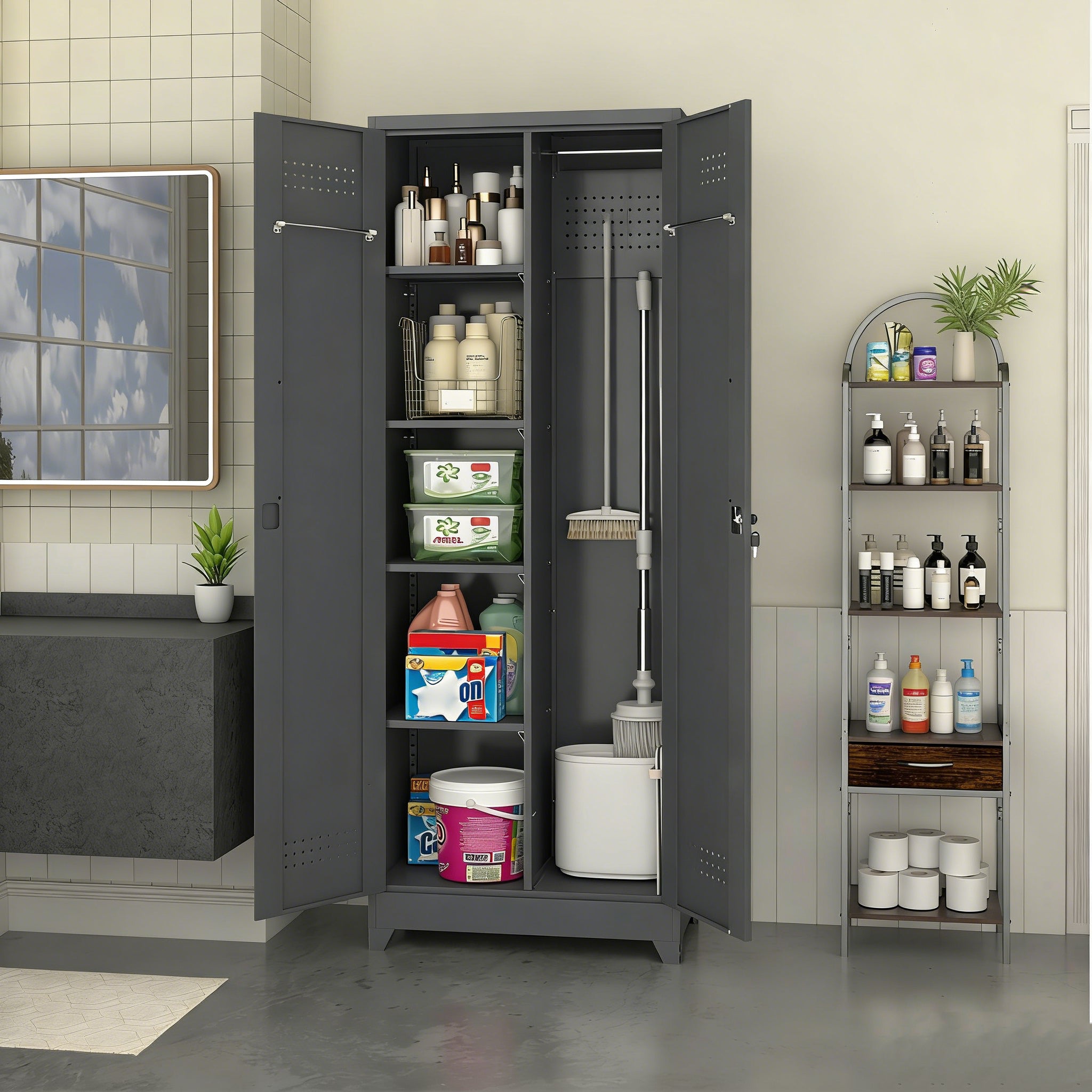 Broom Storage Cabinet with Locking Doors, Shelves and Hanging Rod, 65" H, Metal