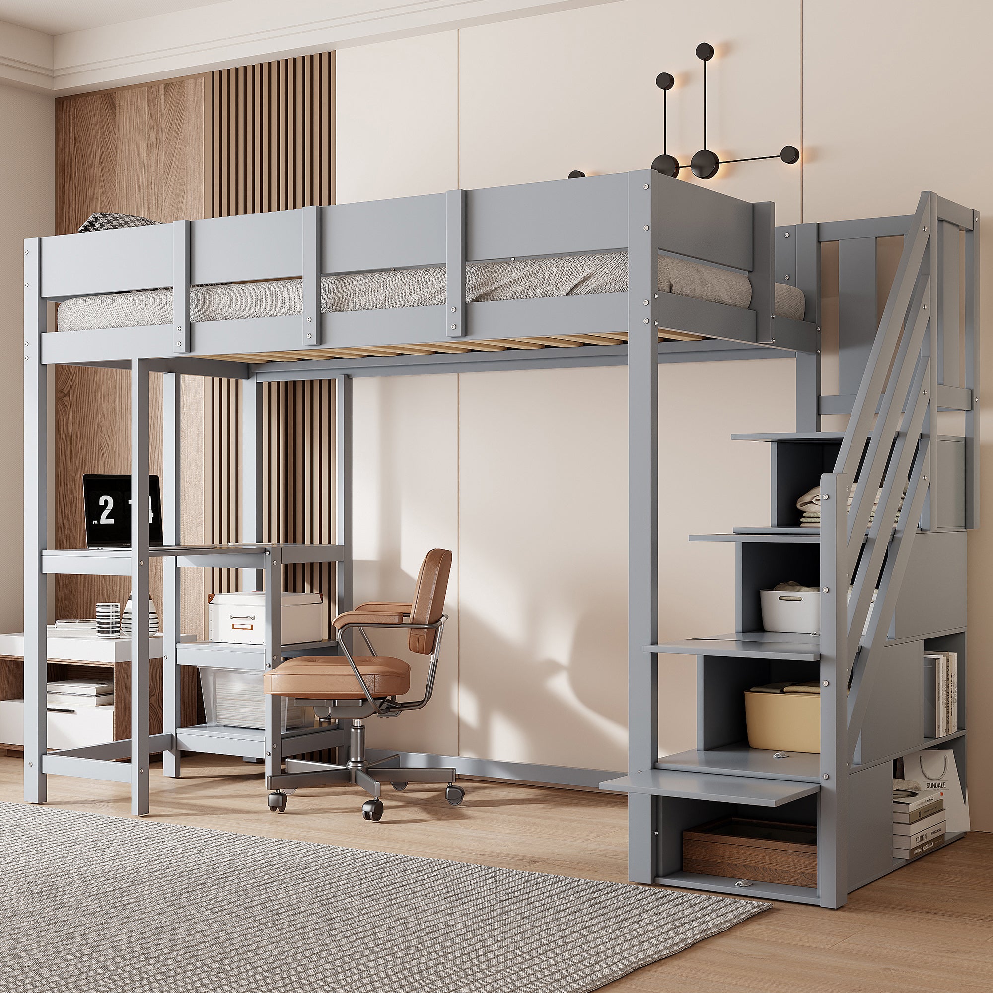 Bunk Bed, Multifunctional Loft with Storage & Shelf, Solid Pine Wood, Grey