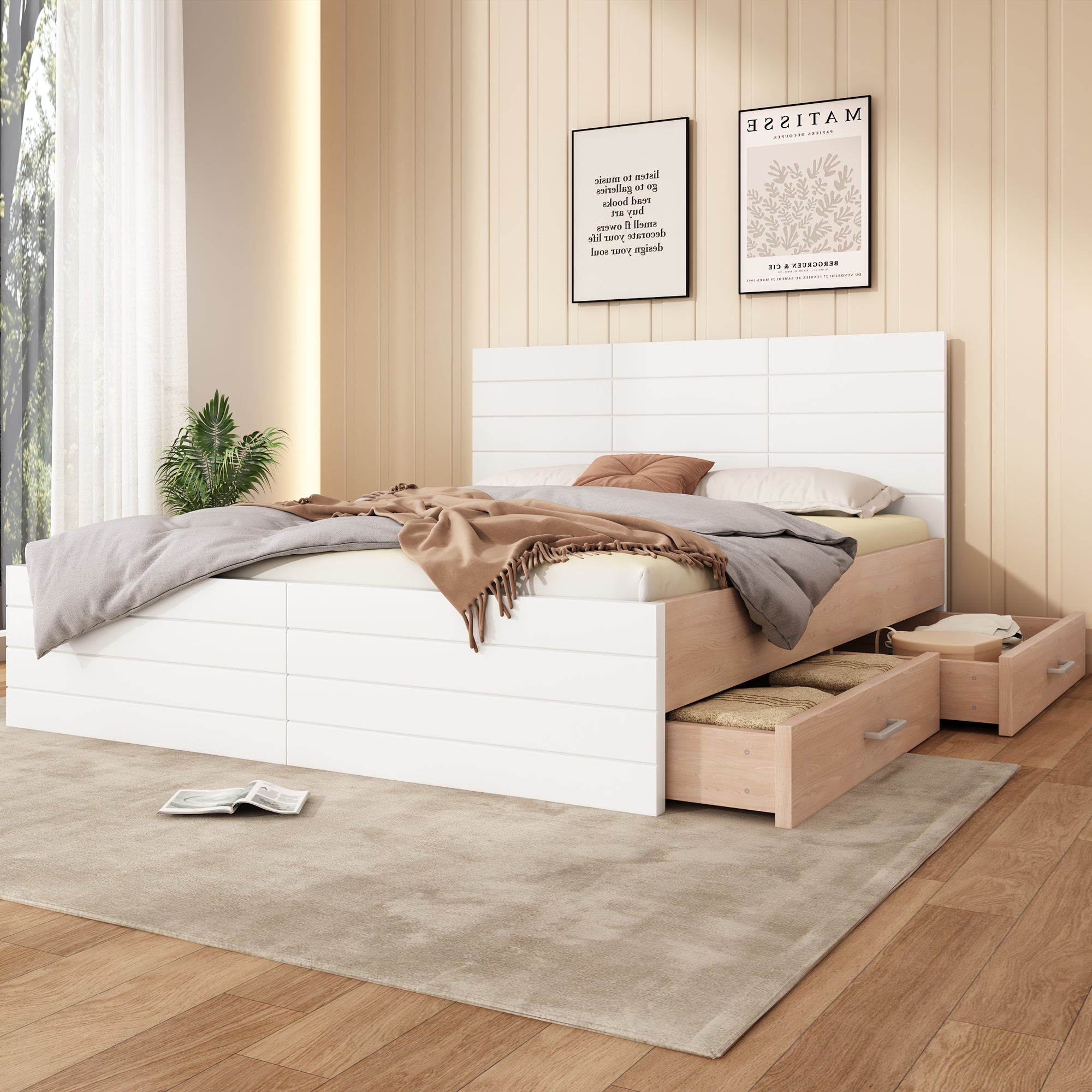 Double Wooden Bed, 160x200cm with 2 Drawers & Slatted Frame, Oak/White