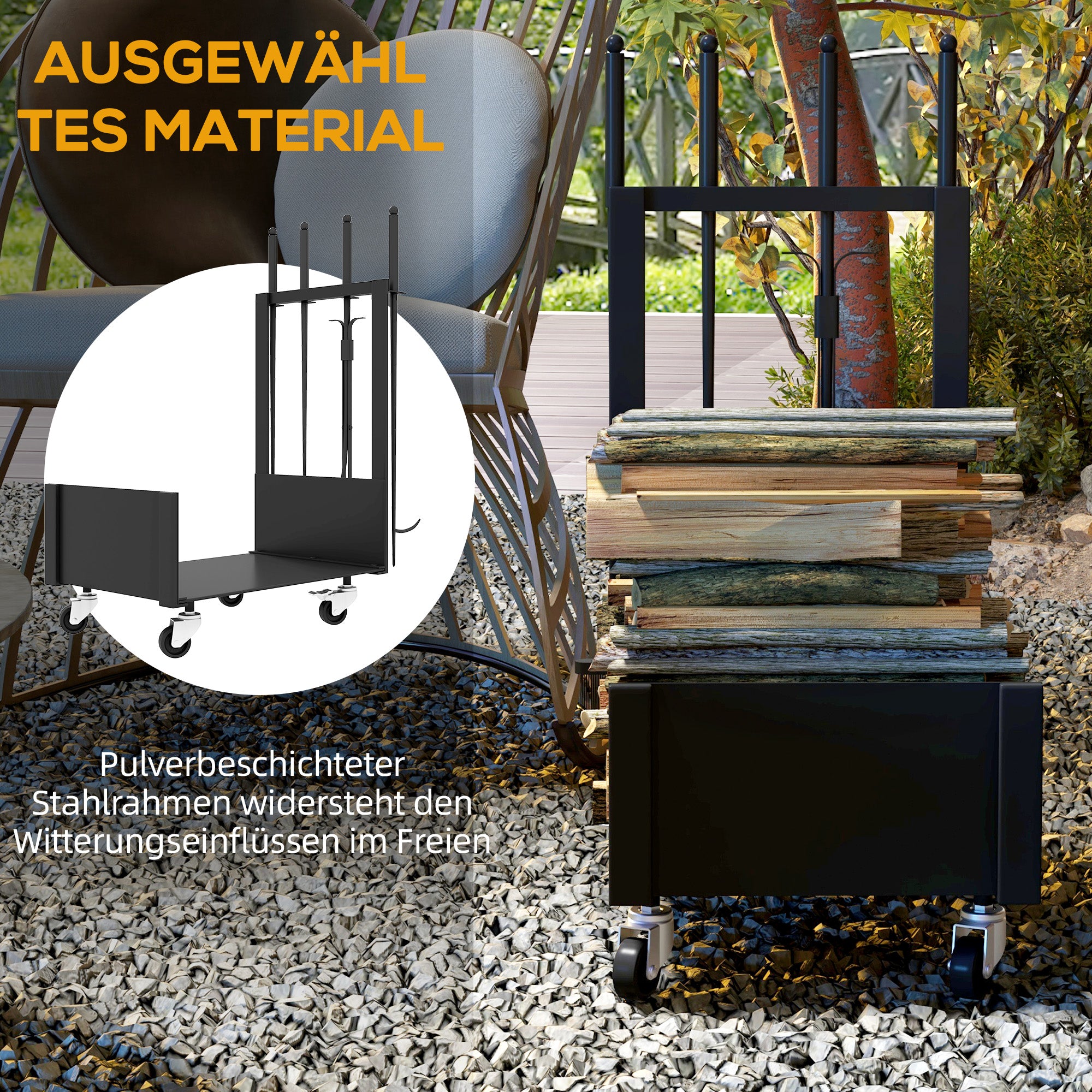 Firewood Rack with Tools, Wheels, Side Hooks, Black Metal