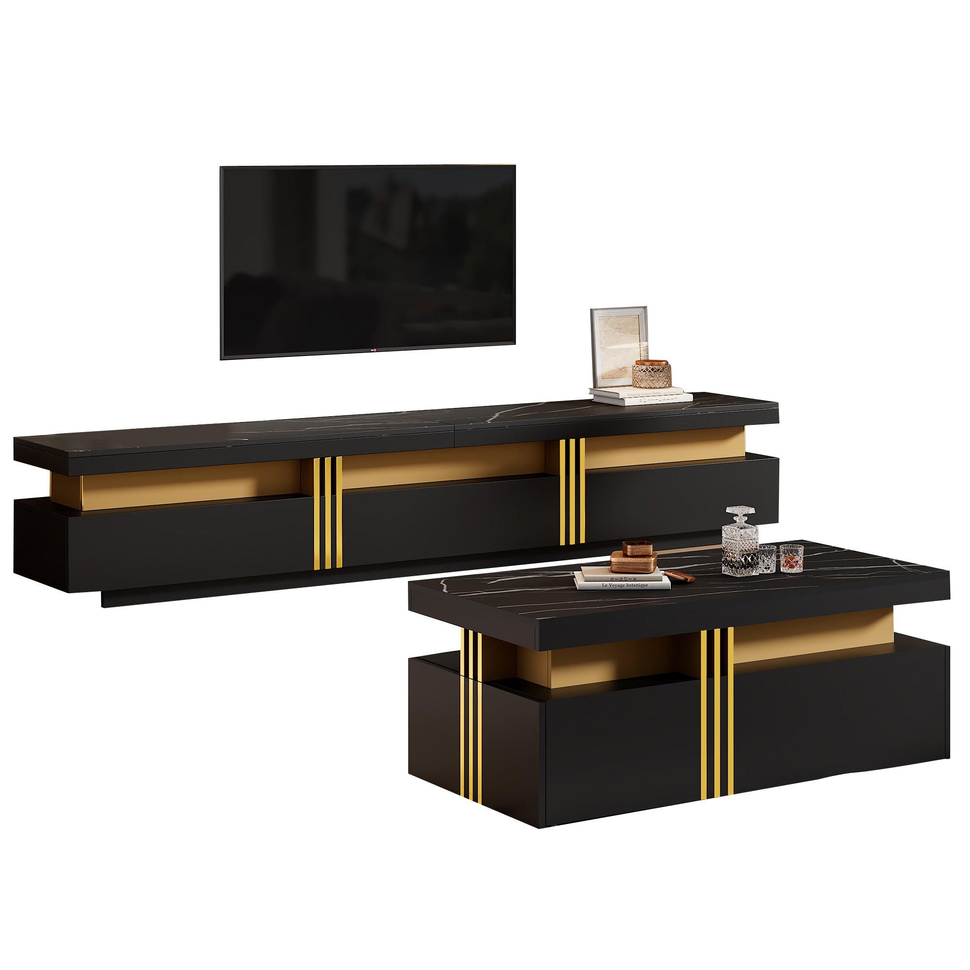 TV Wall Combination, Multifunctional Cabinet with Coffee Table, Black