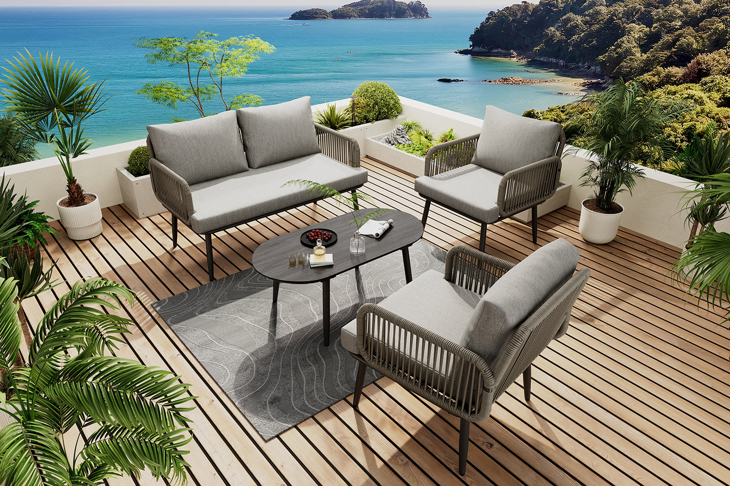 Garden Furniture Set with Sofa, Armchairs, and Coffee Table, Grey Steel and Rope