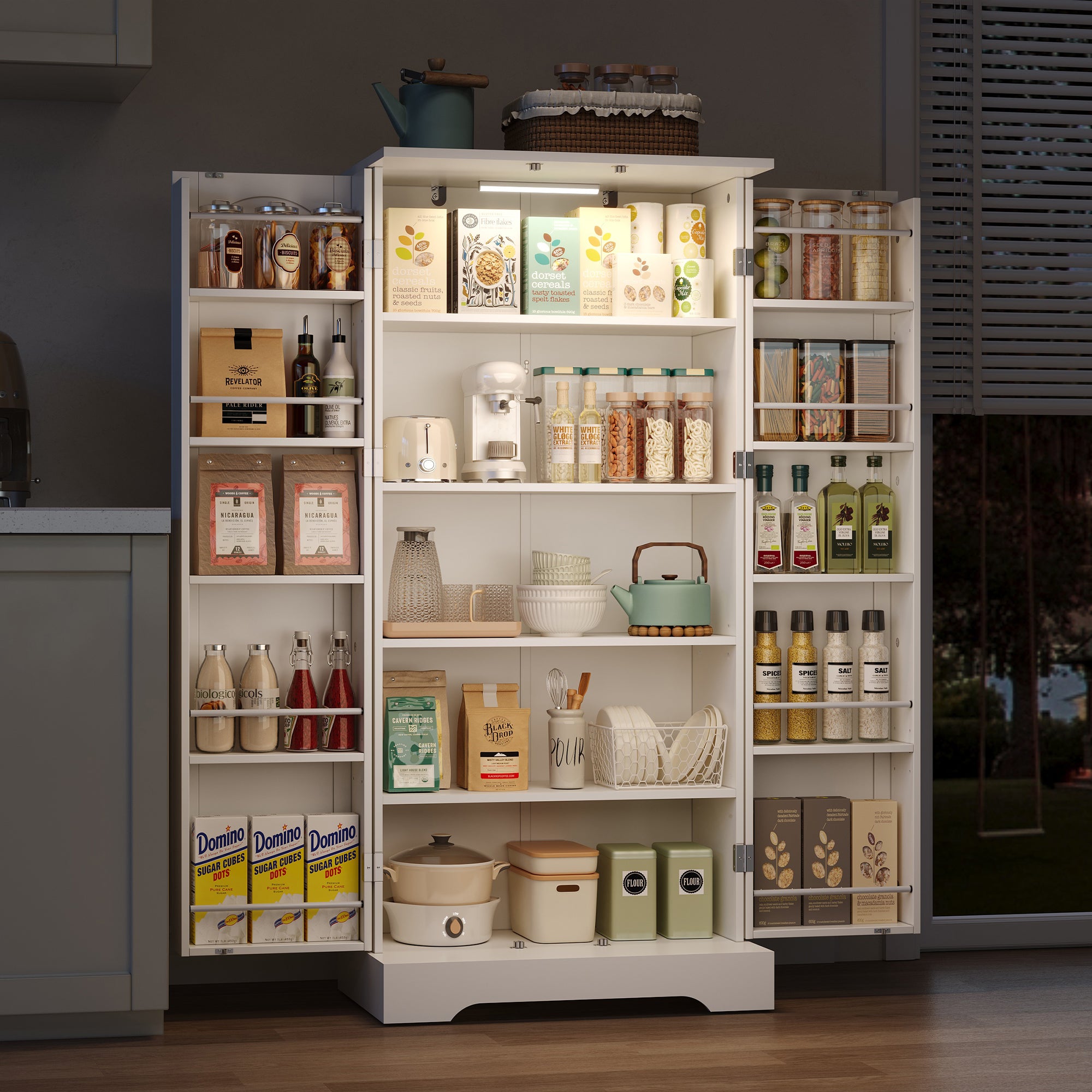 Kitchen Cabinet 60x35x128cm LED Sensor Adjustable Shelves Double Door - White