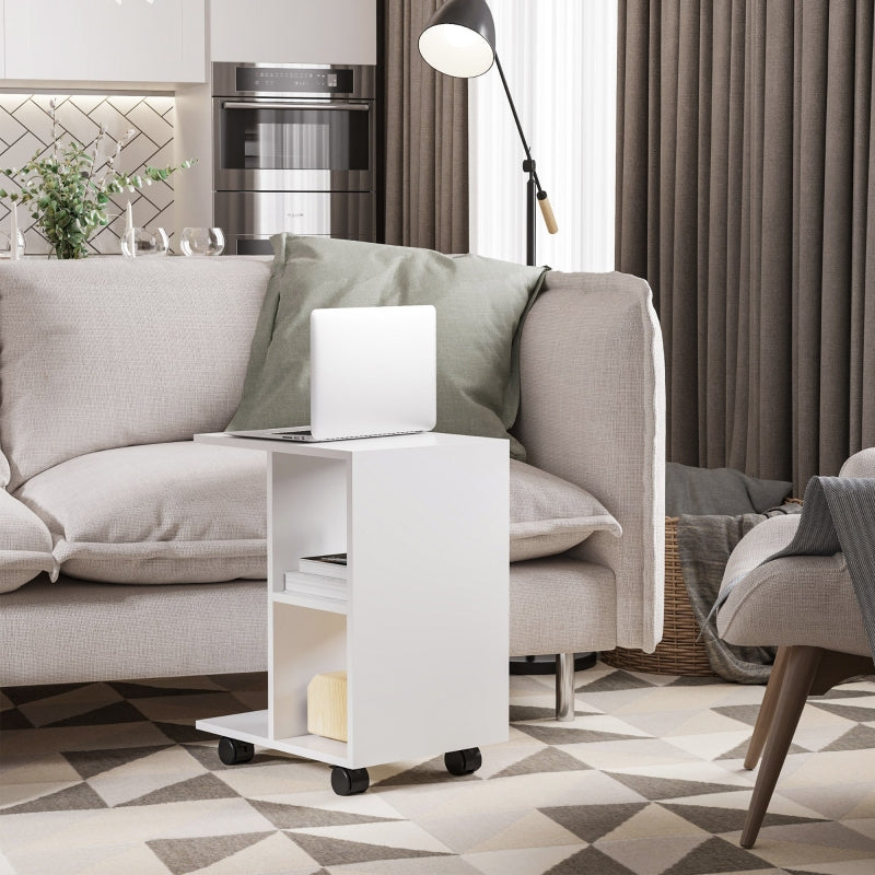 C-Shape End Table Freestanding Storage Unit with 2 Shelves and 4 Wheels, White