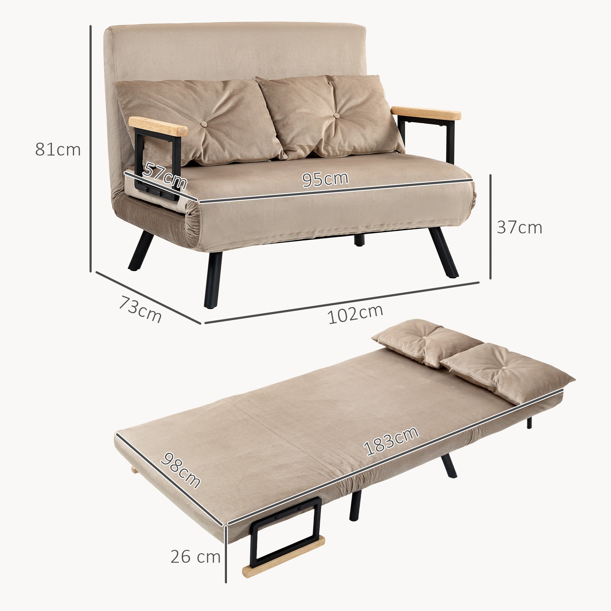 2-Seater Sofa Sleeper, Adjustable Backrest, Velvet Look Light Brown