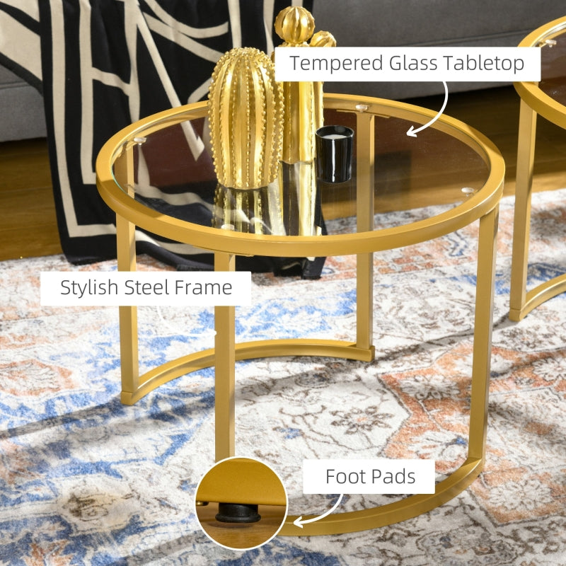Coffee Table Set of 2, Modern Nesting Tables with Tempered Glass Top, Gold Tone Steel Frame