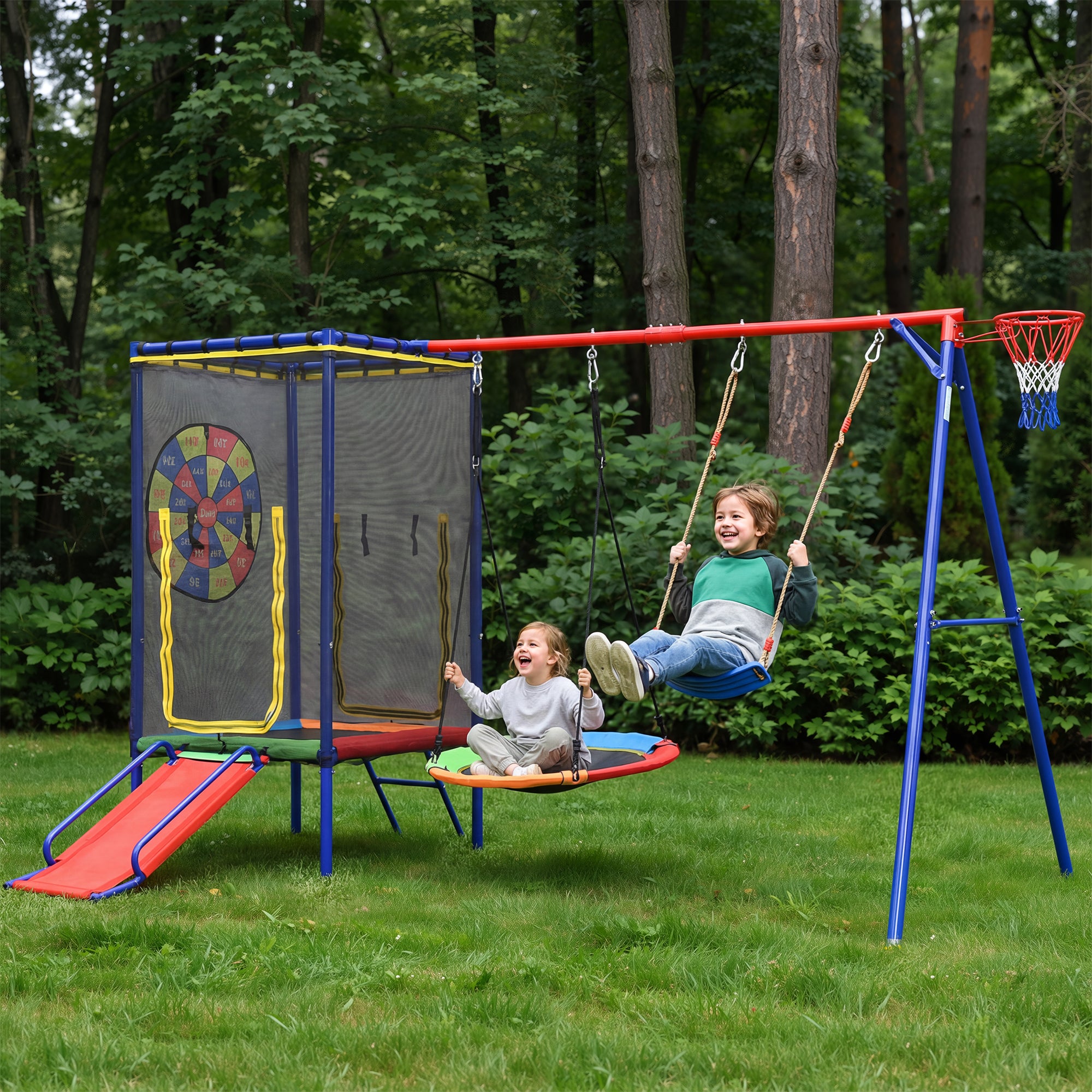 Multifunctional Outdoor Swing Set with Trampoline, Slide, Basketball Hoop and Nest Swing, Stable Steel Construction