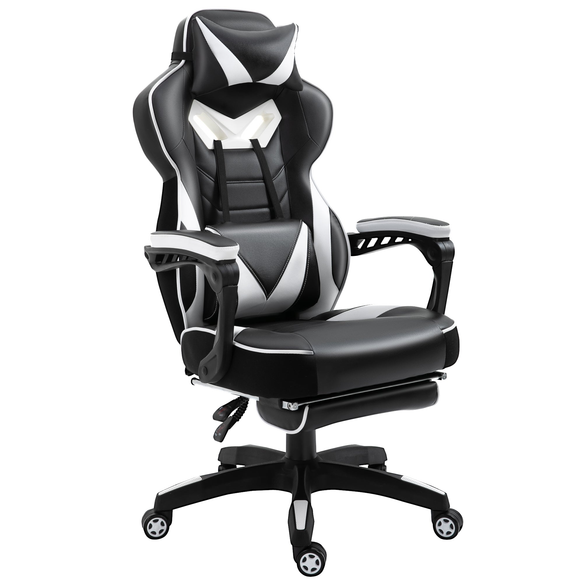 Computer Gaming Chair with Lumbar Support, Footrest, and Headrest, White PU Leather